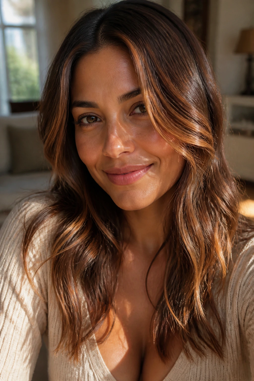 Close-up of a real woman with soft maple ribbon highlights around the face