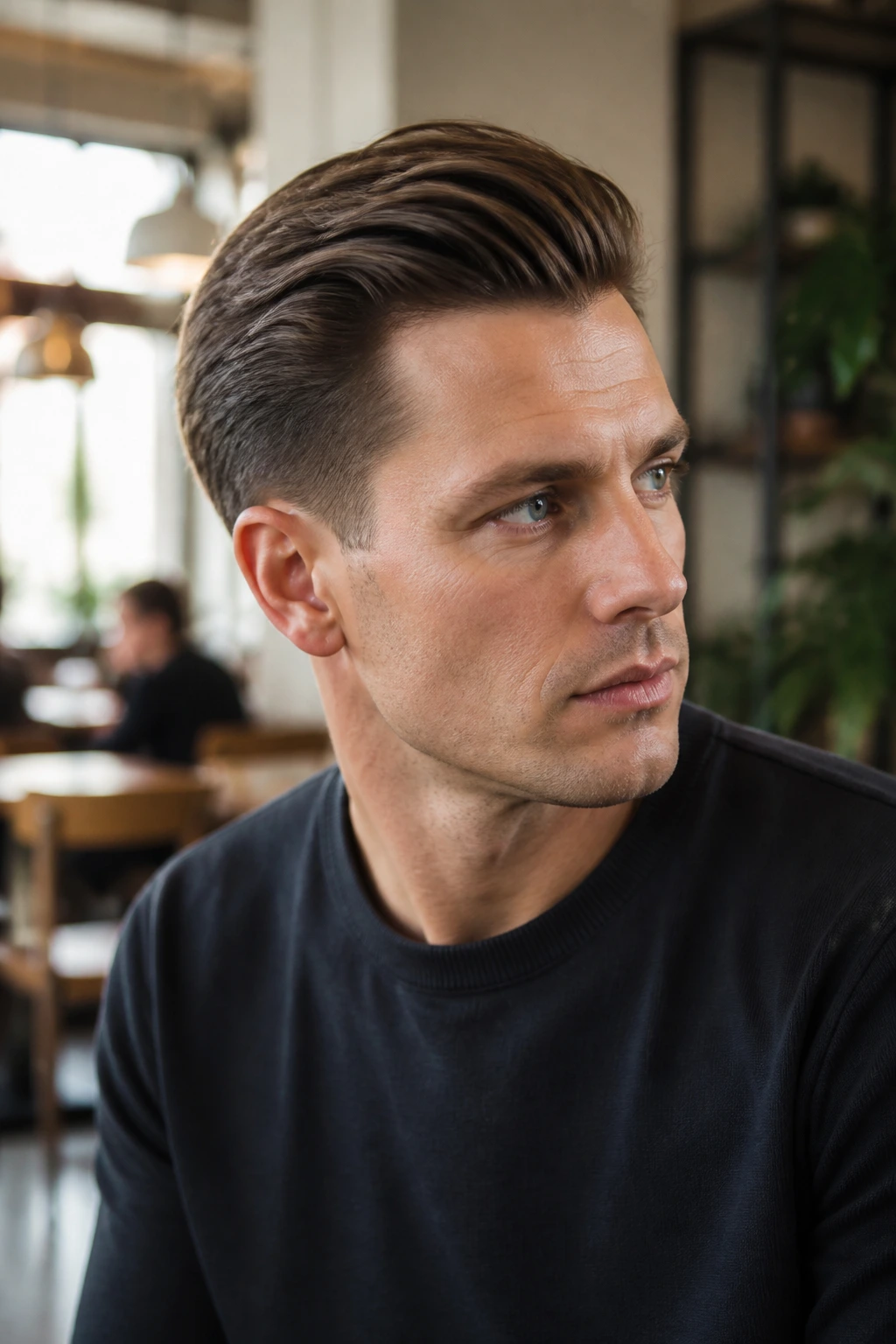 Close-up portrait of a man with Slick Back with a Soft Taper hairstyle