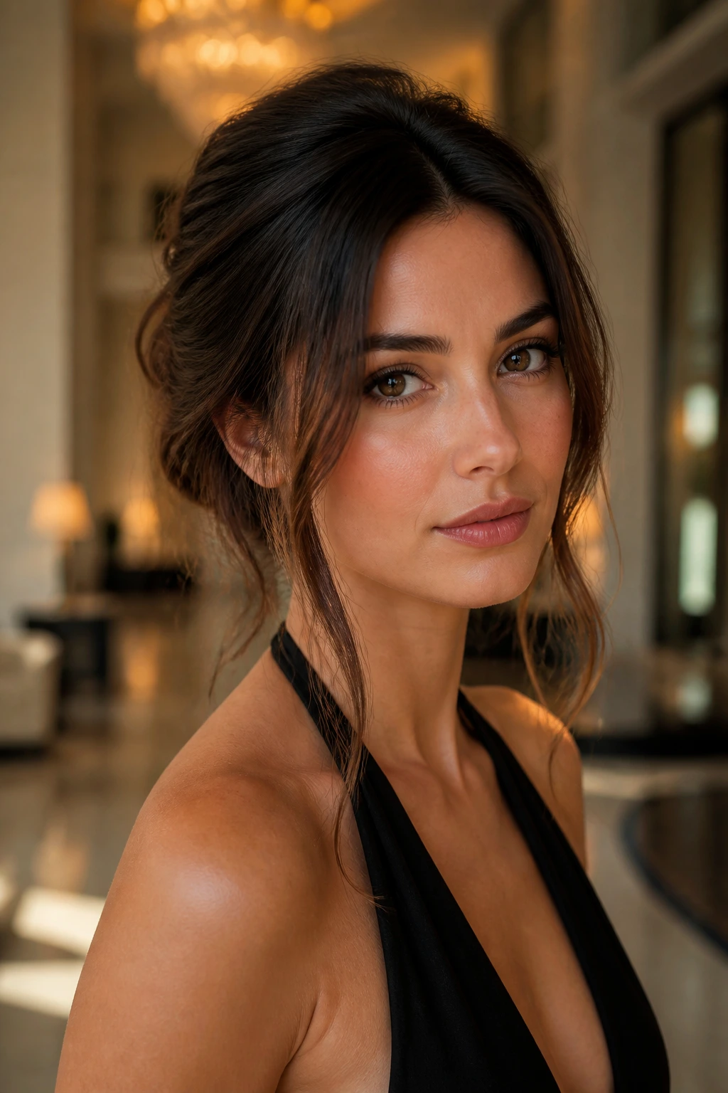 Portrait of a woman with a soft messy chignon and long front pieces framing the face