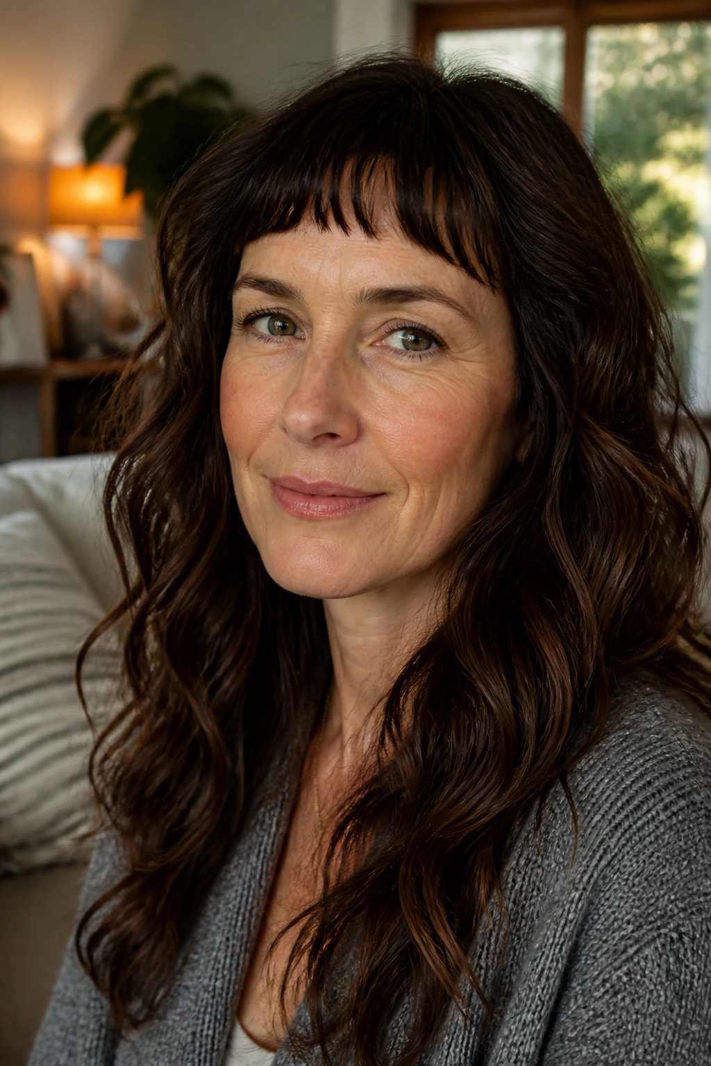 Portrait of a real woman with soft micro-bangs and wavy hair in a cozy setting
