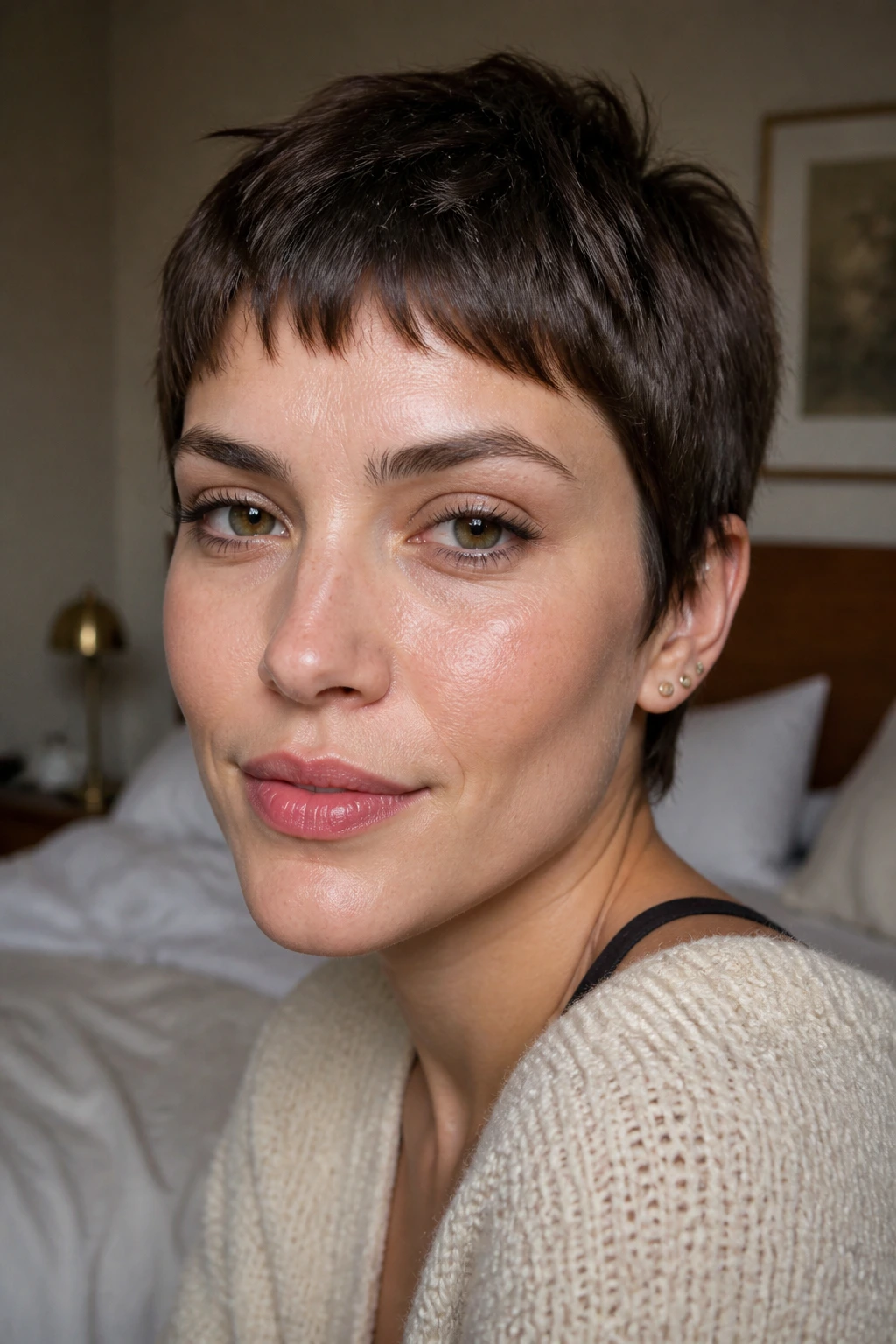 Soft micro bangs on a cropped pixie in cozy soft light