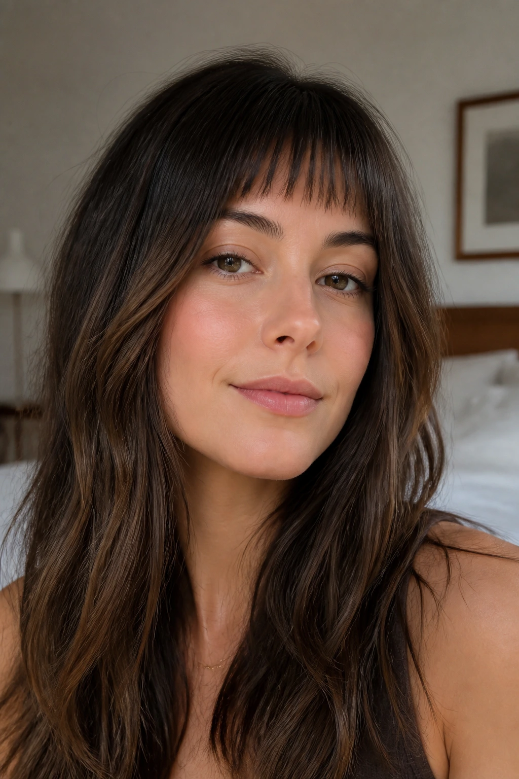 Close-up portrait of a real woman with soft micro-bangs and long face-framing hair.