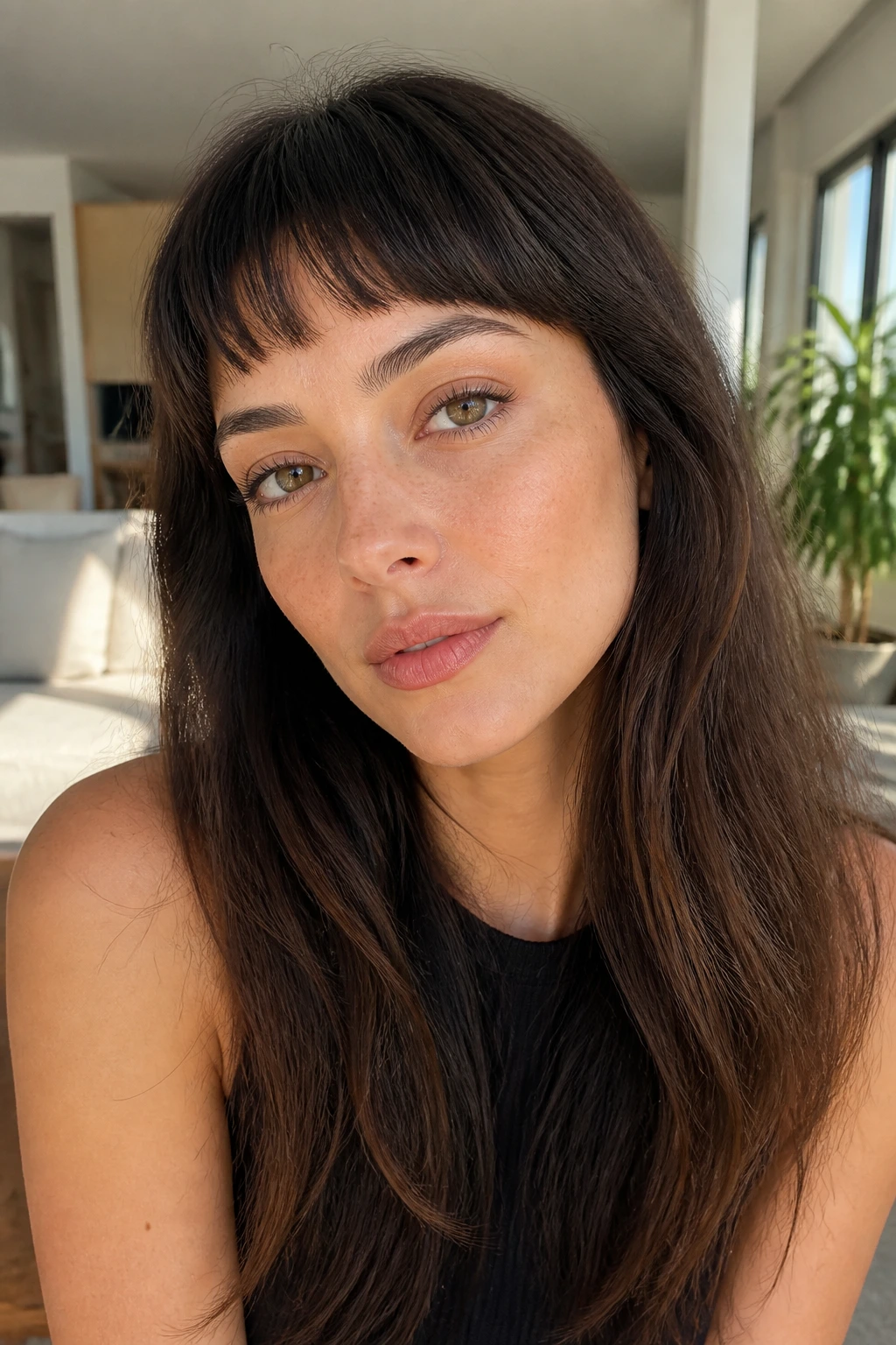 Close-up of a real woman wearing soft micro bangs with textured edges