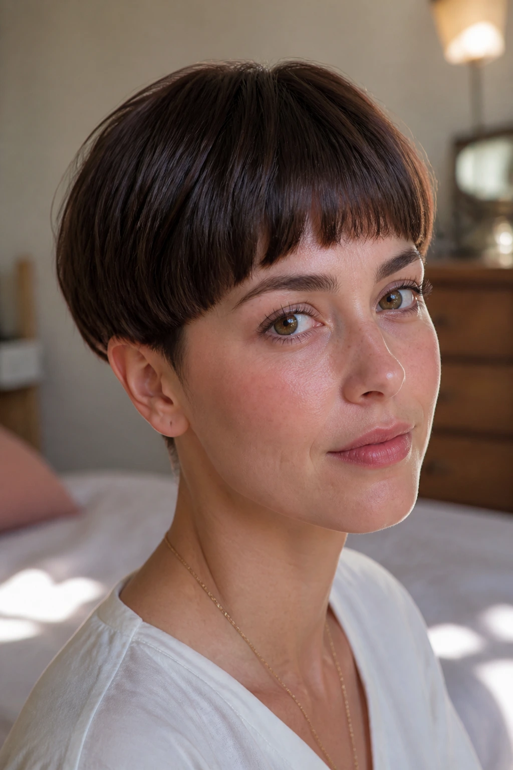 Close-up of a woman with a soft micro bowl in sunlit bedroom