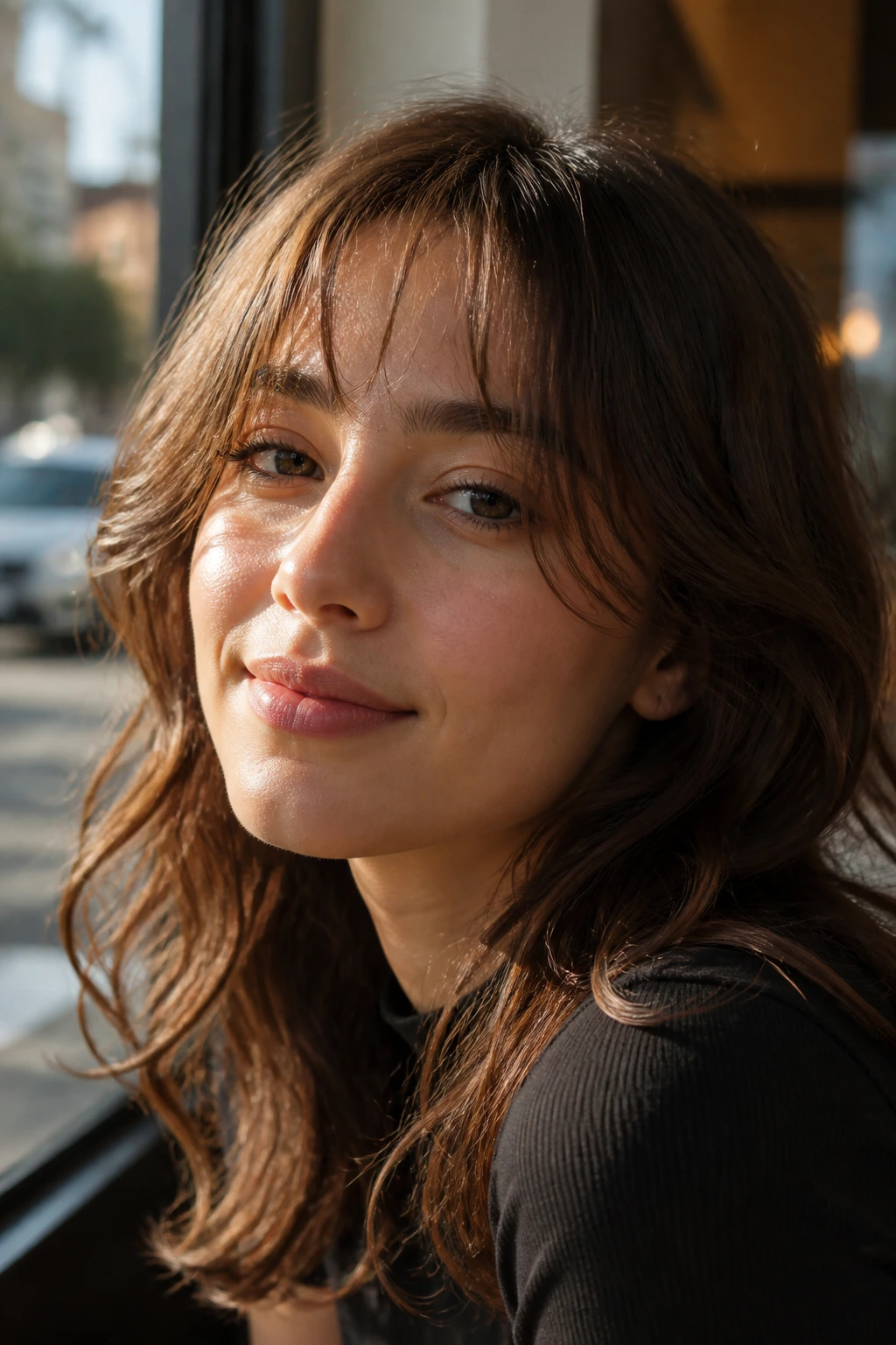 Close-up of a real woman with translucent micro curtain bangs at a sunny cafe window