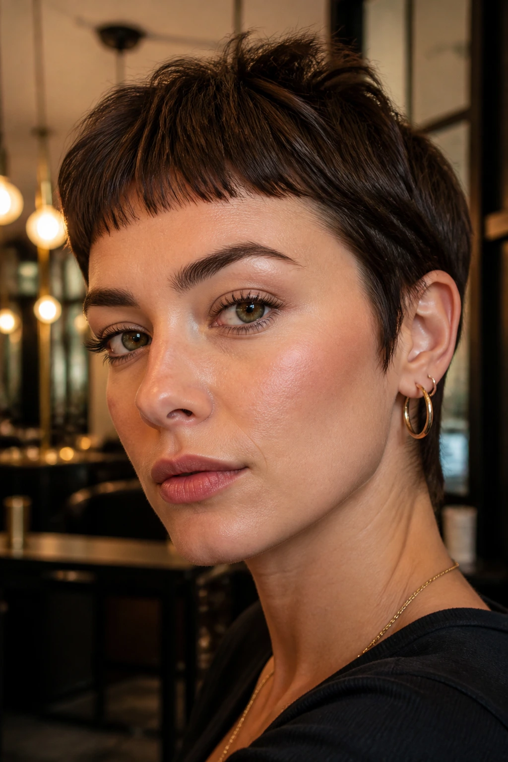 Real person with soft micro fringe on a bold short cut in an urban setting