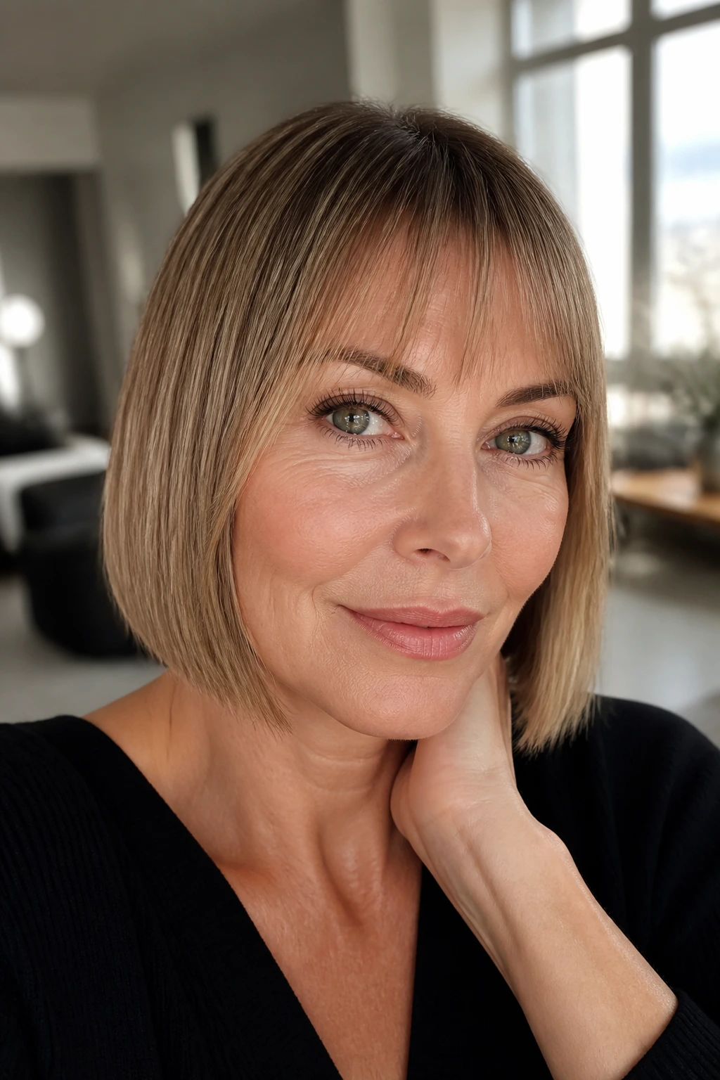 Close-up portrait of a real woman with a soft micro fringe in editorial-edge styling