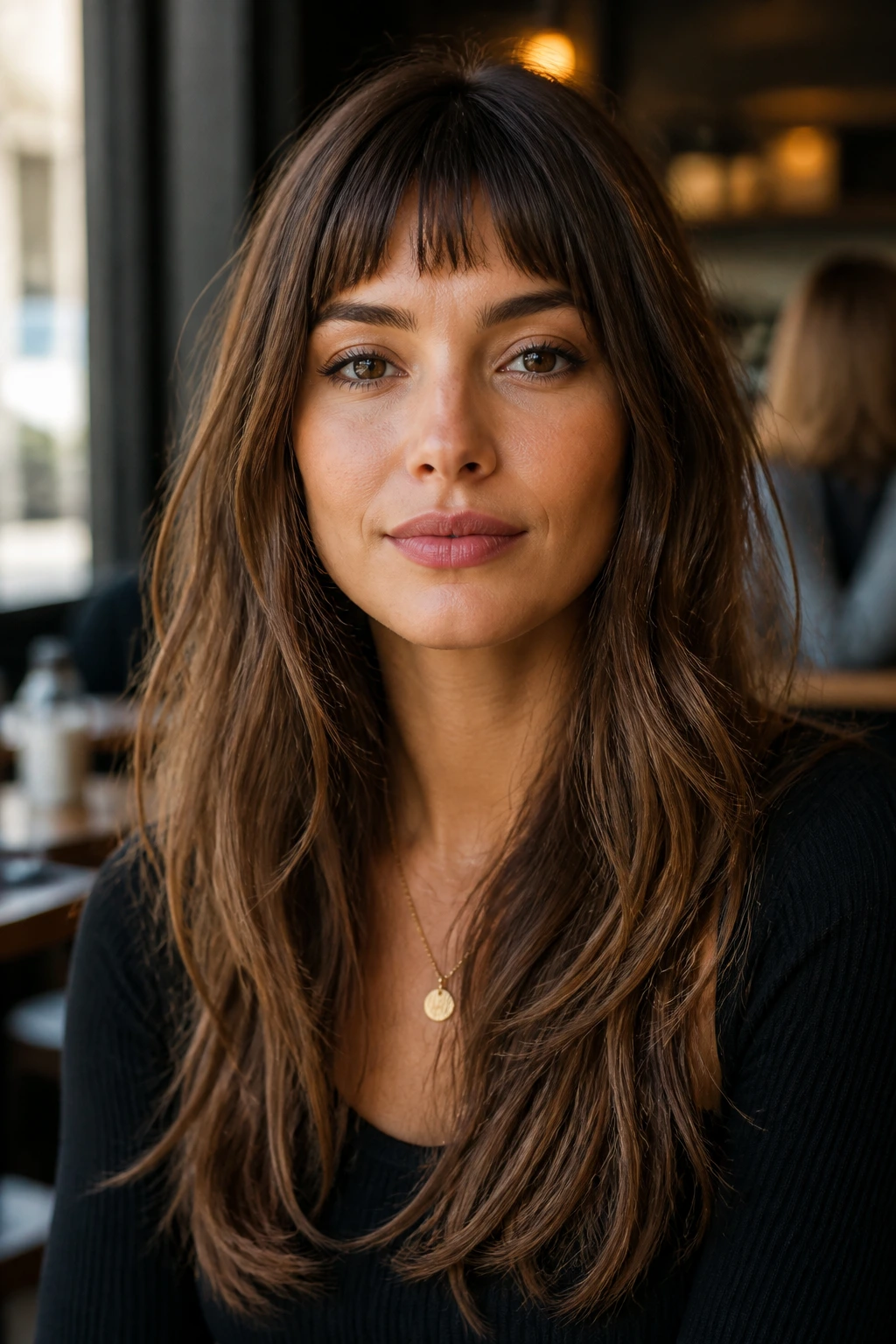 Close-up portrait of a woman with soft micro fringe and long layers