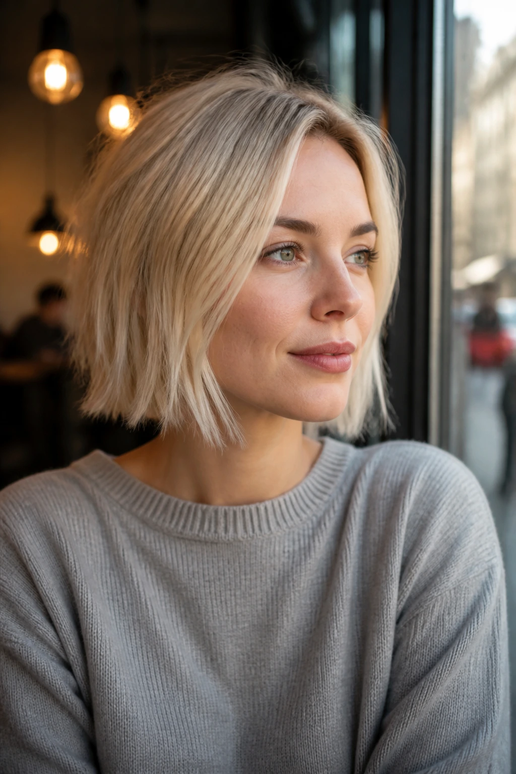 Portrait of a woman with Swedish Soft Micro-Lob at a cafe window.