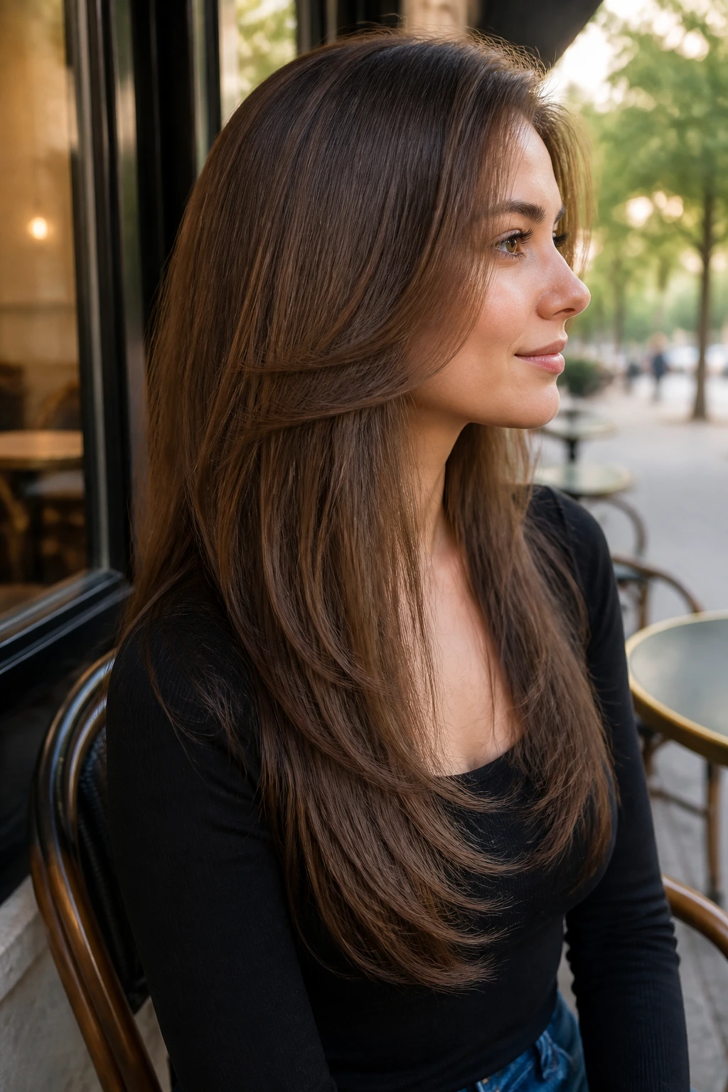 Woman with long hair showing soft tapered ends (micro-points) in natural light