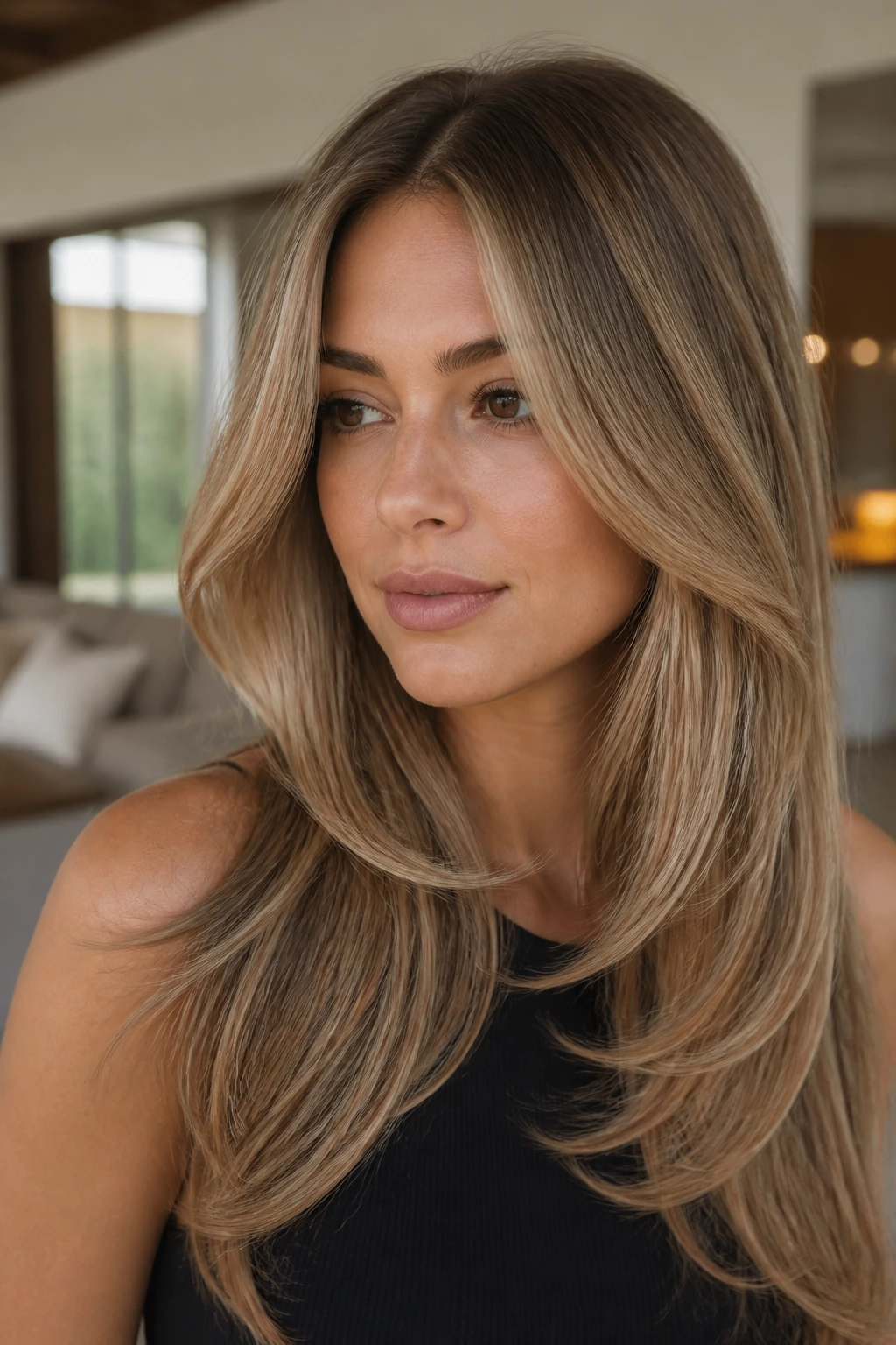 Close-up of a real woman with a soft middle-part blowout hairstyle in natural light