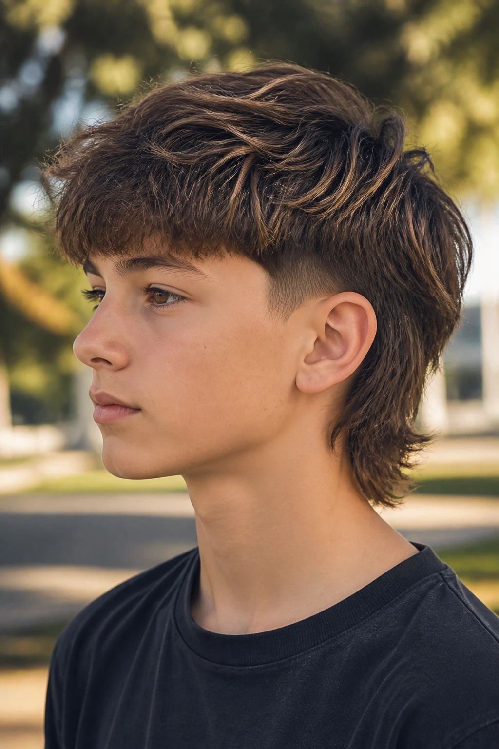 Real boy with soft mini mullet hairstyle showing back length