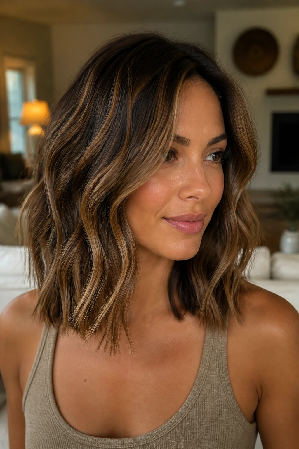 Portrait of a real person with soft mocha balayage and piecey waves.