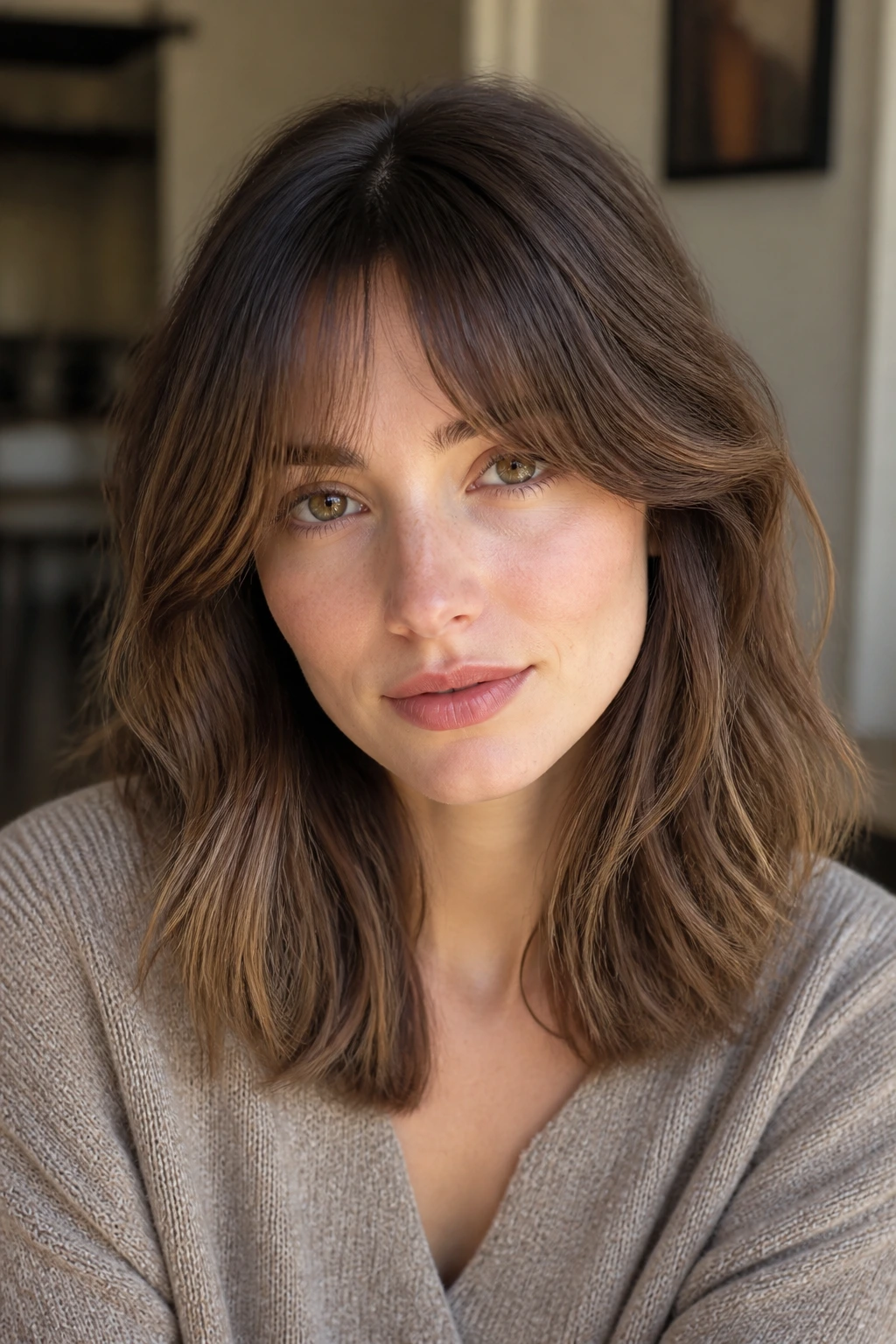 Close-up portrait of a real person with soft mocha hair and beige gloss.