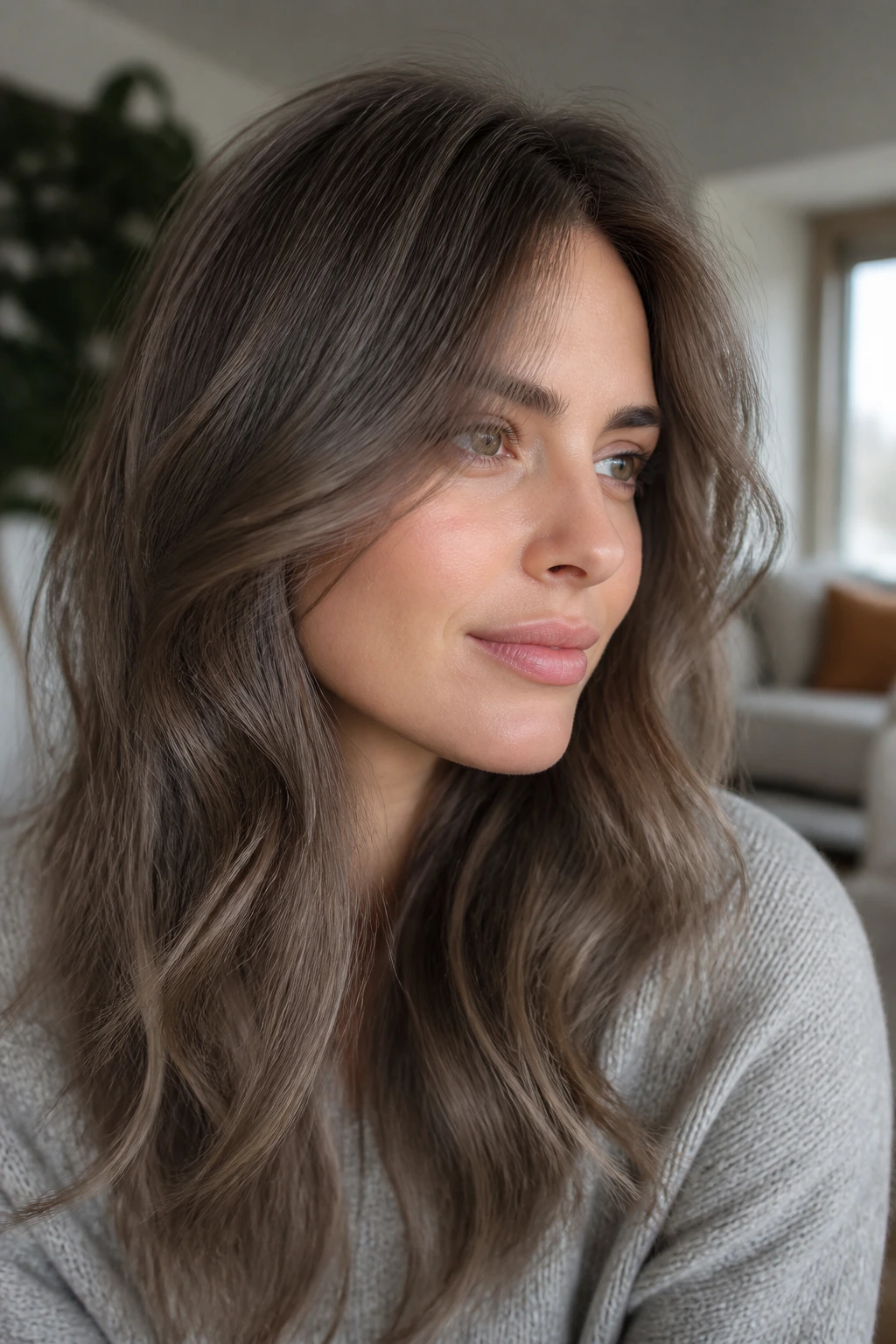 Real woman with soft mocha gray hair and gray-beige toning