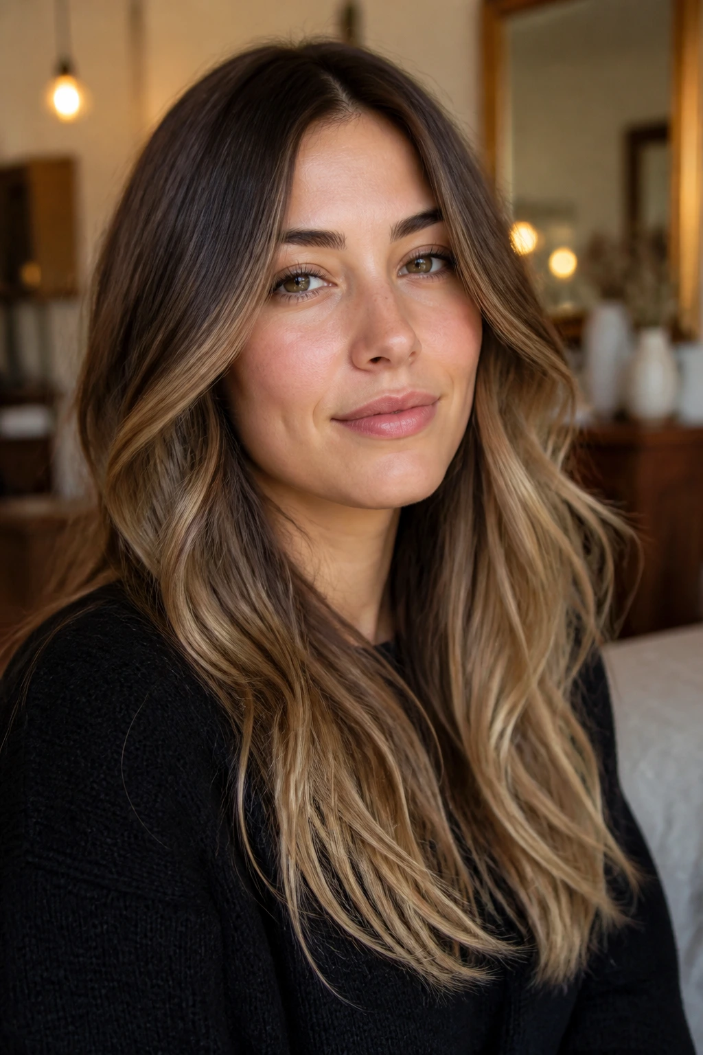Portrait of a woman with a soft mocha melt and light ends.