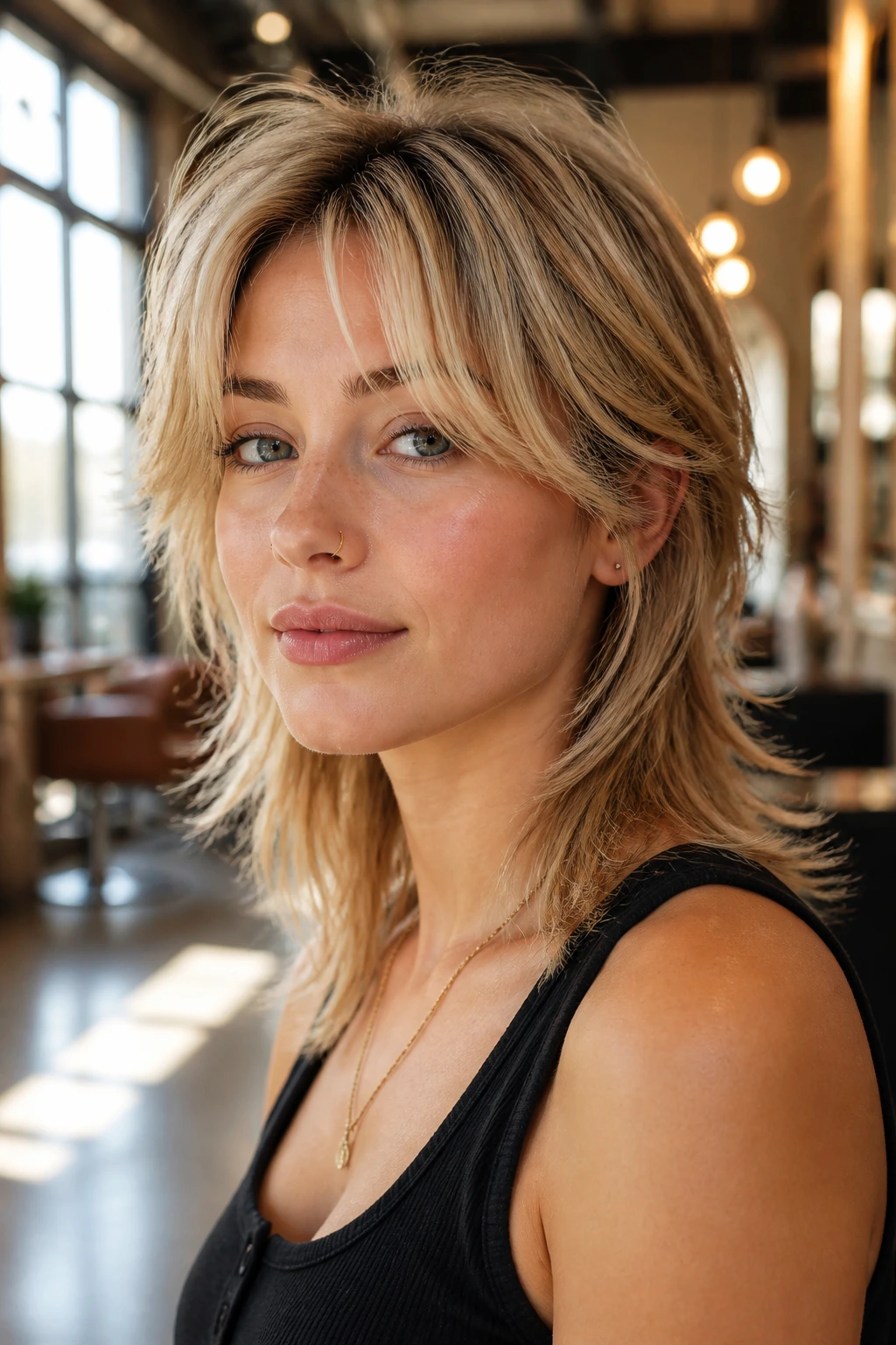 Close-up of a real blonde woman with a soft modern mullet in warm salon light