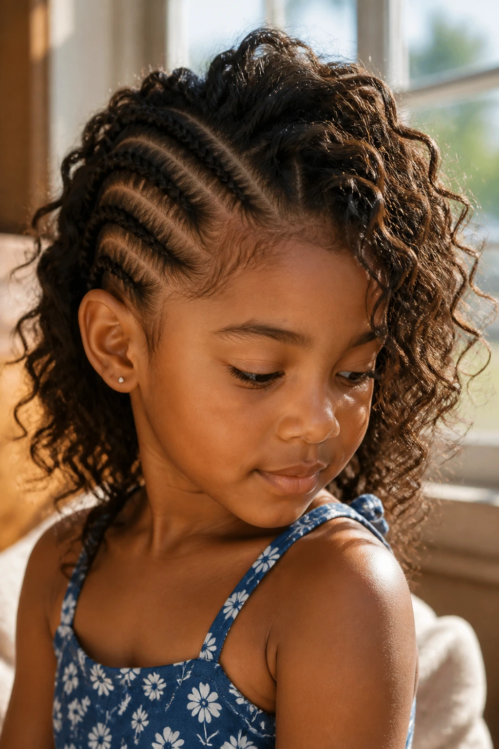 Child with soft-looking mohawk braids in a sunny room.