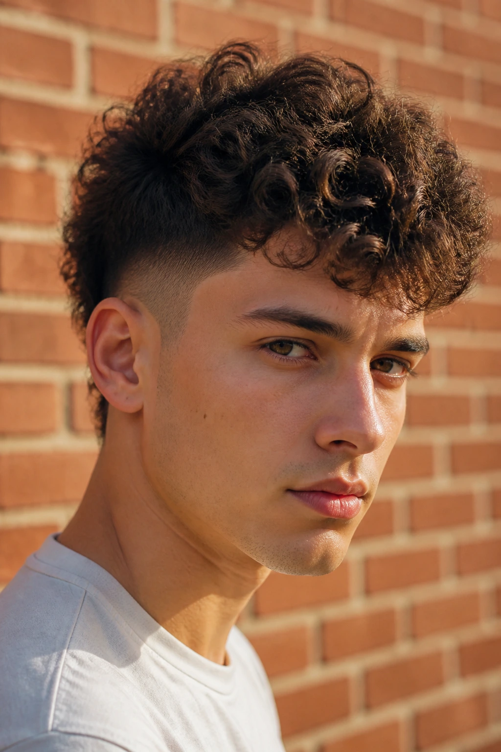 Close-up of a real person with The Soft Mohawk Crop showing full middle ridge and tapered sides in golden hour light