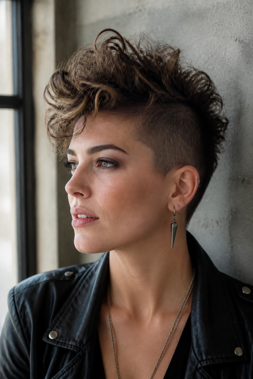 Close-up portrait of a real woman with a soft mohawk-inspired crop showing short sides and raised top.