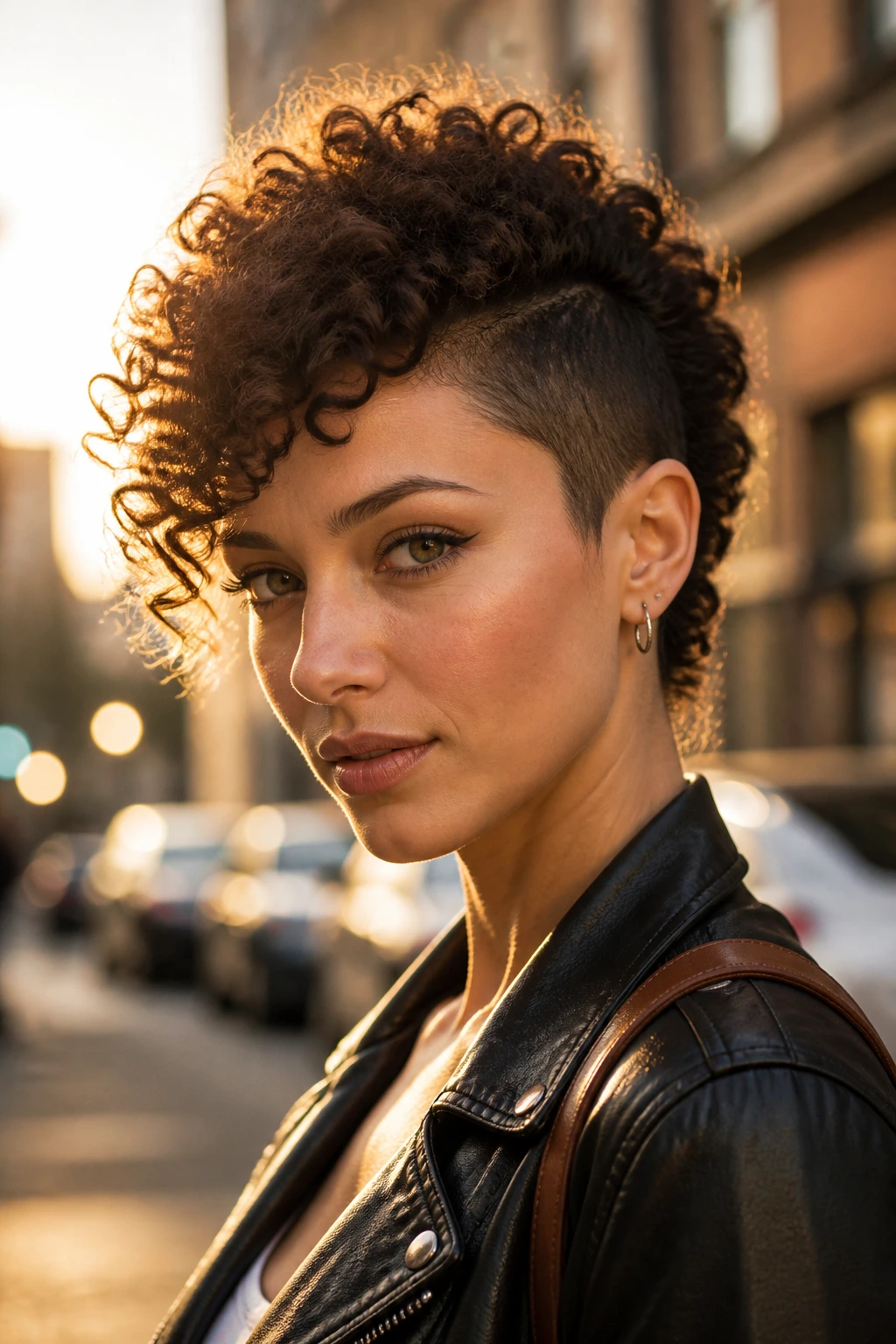 Portrait of woman with soft mohawk-inspired curly cut on a city street at golden hour.