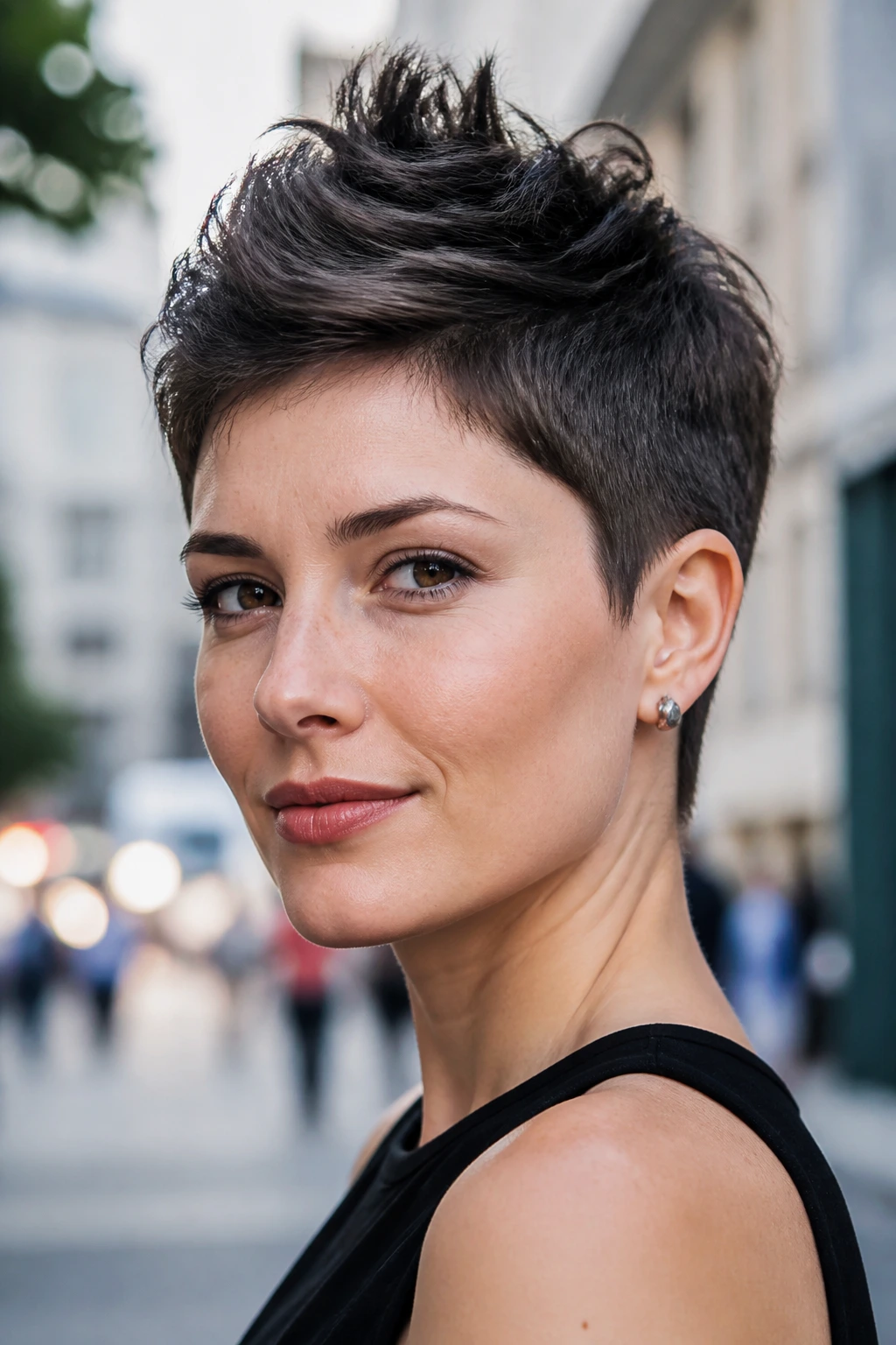 Close-up portrait of a real person with soft Mohawk pixie ridge