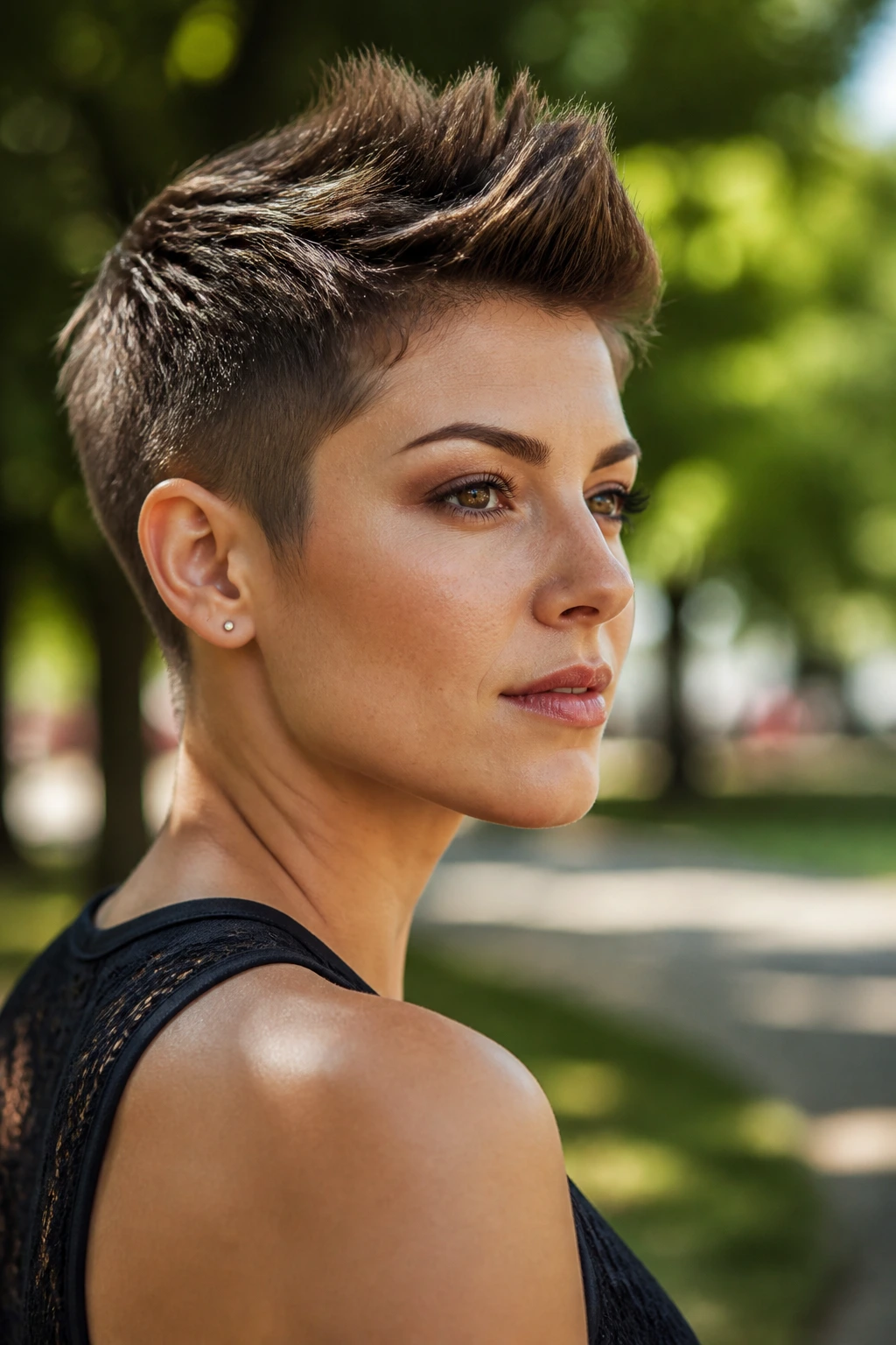 Real person with subtle mohawk pixie hairstyle in outdoor setting