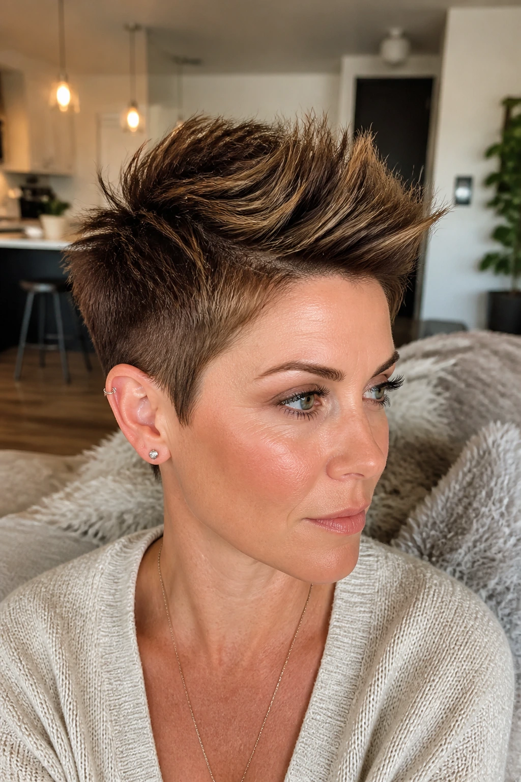 Portrait of a real person with a soft mohawk pixie showing a tall center strip and tapered sides