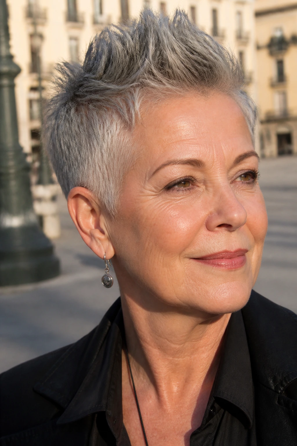 Close-up of an older woman with a soft mohawk pixie outdoors in natural light.