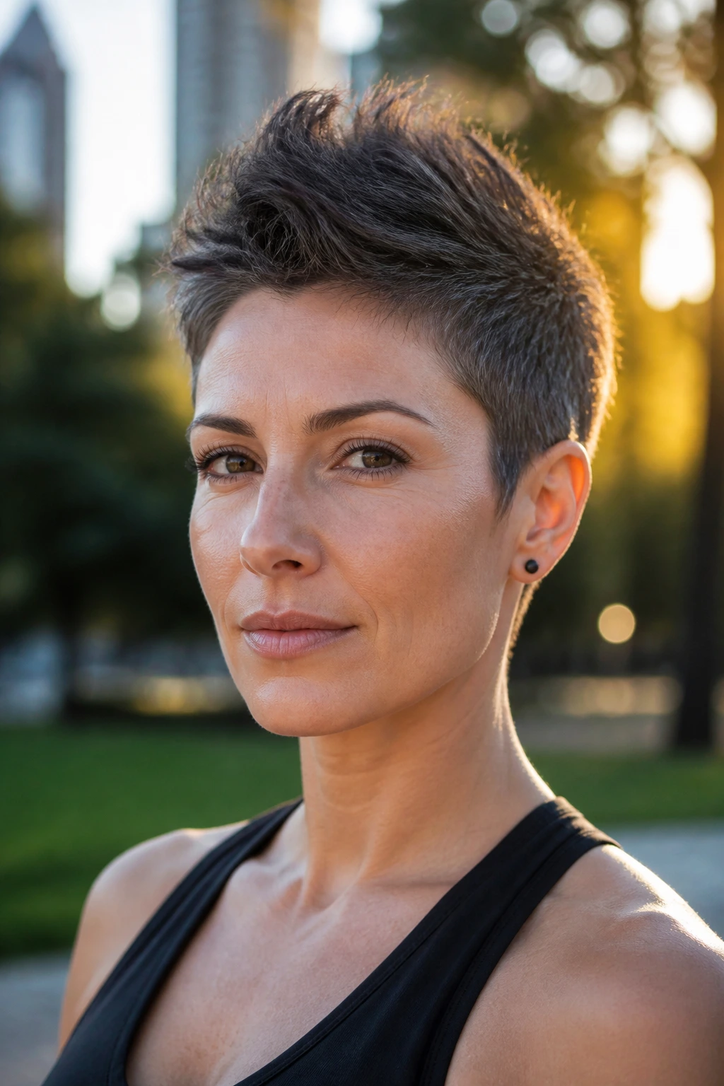 Close-up of a real person with a soft mohawk pixie hairstyle in golden-hour light
