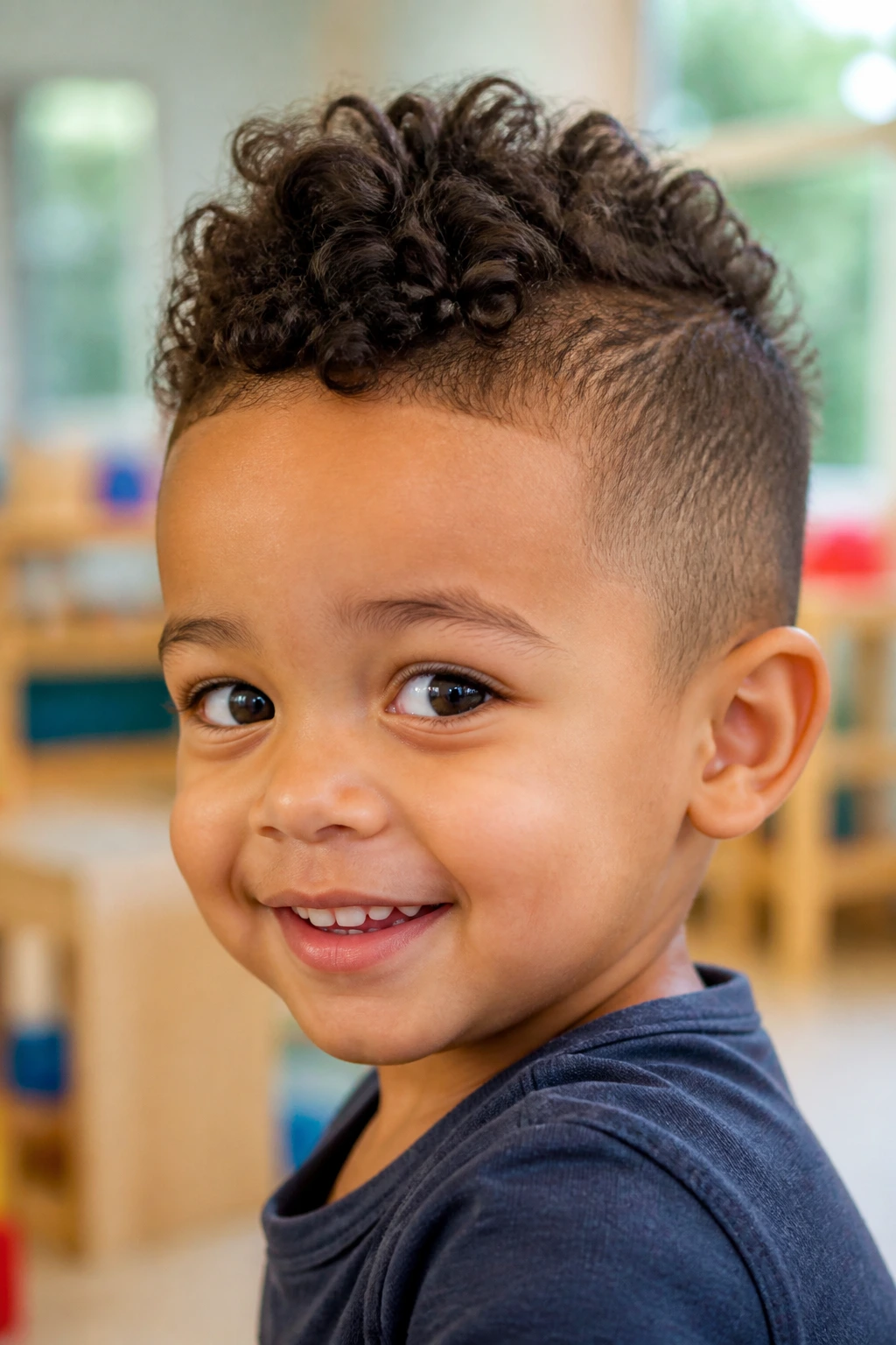 Close-up of toddler with soft mohawk showing a central ridge and short sides