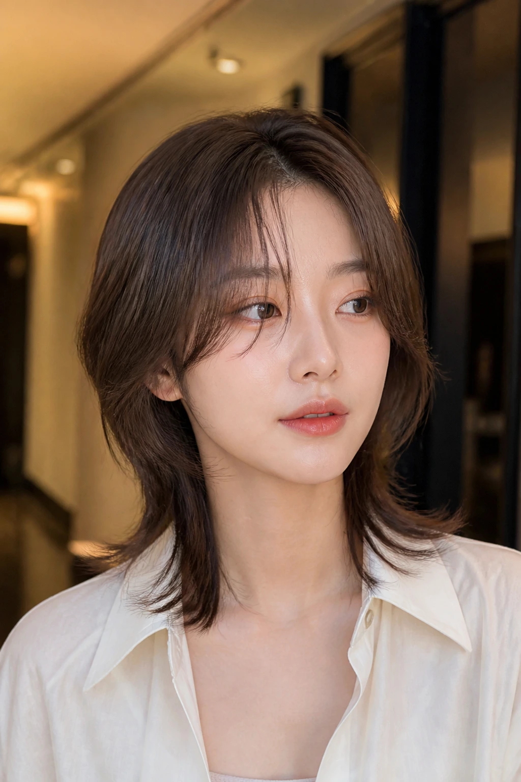 Portrait of woman with soft Korean mullet and airy tail in warm hallway light