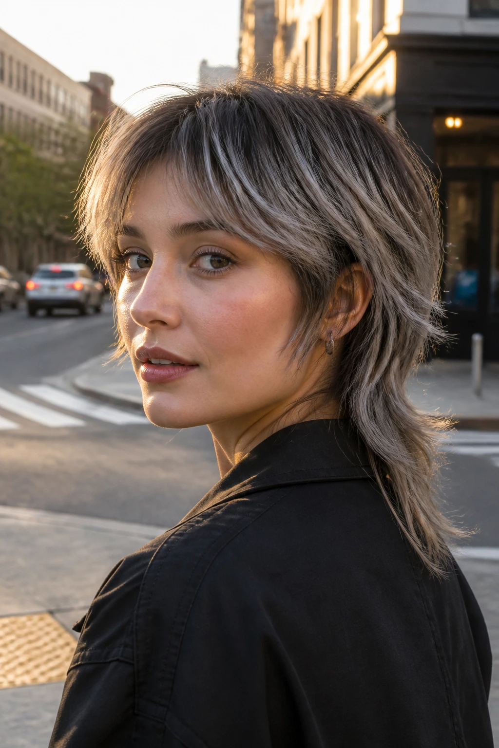 Close-up portrait of a real woman with soft mullet and ash balayage, showcasing back length.