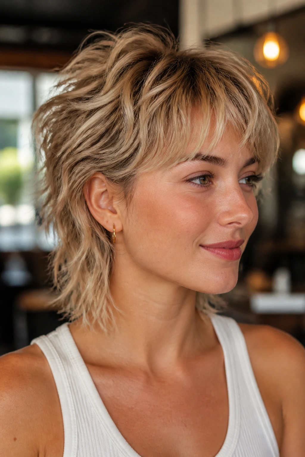Portrait of a real woman with soft mini mullet and blonde texture