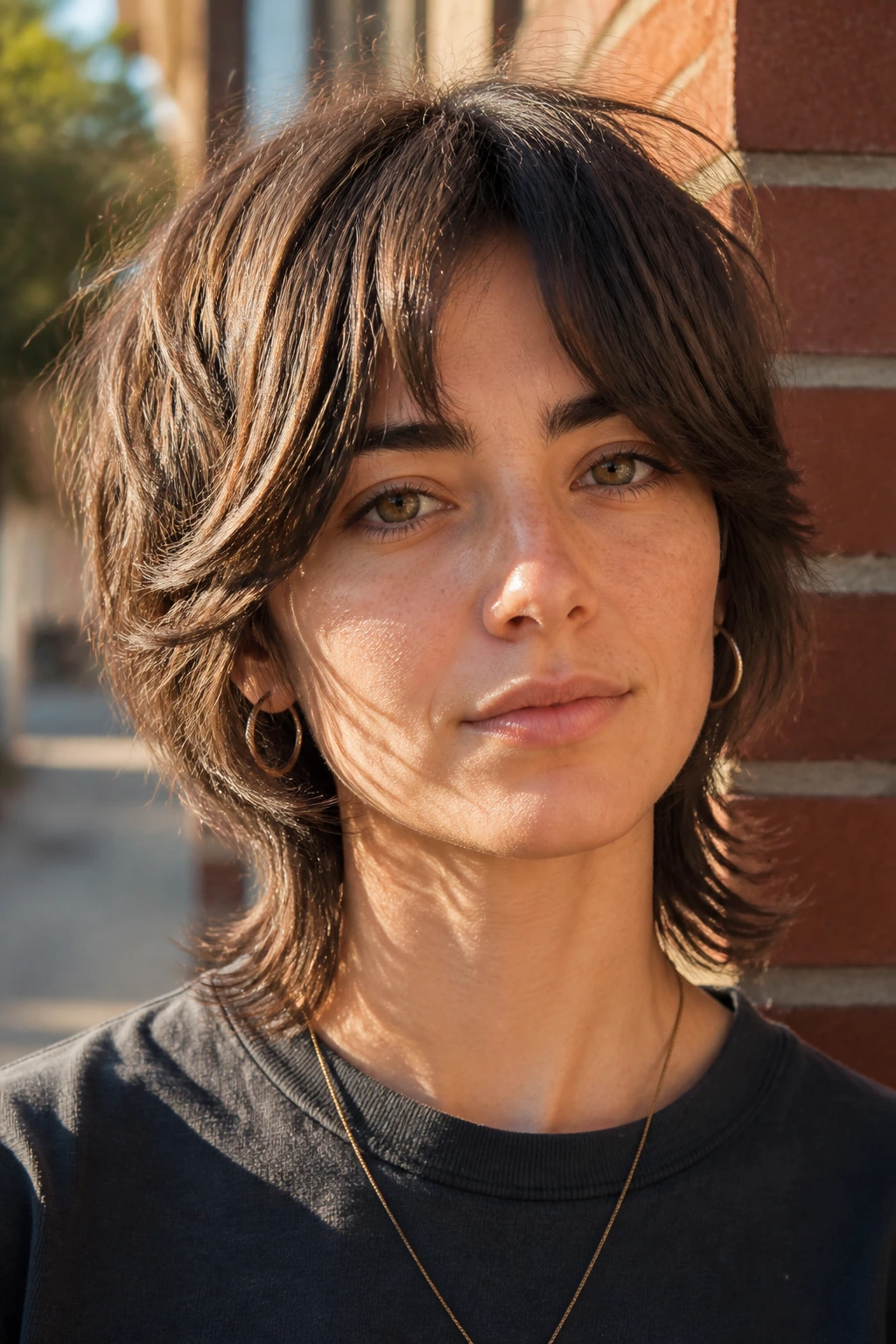 Close-up portrait of a real person with a soft mullet bob and curtain bangs against an urban backdrop