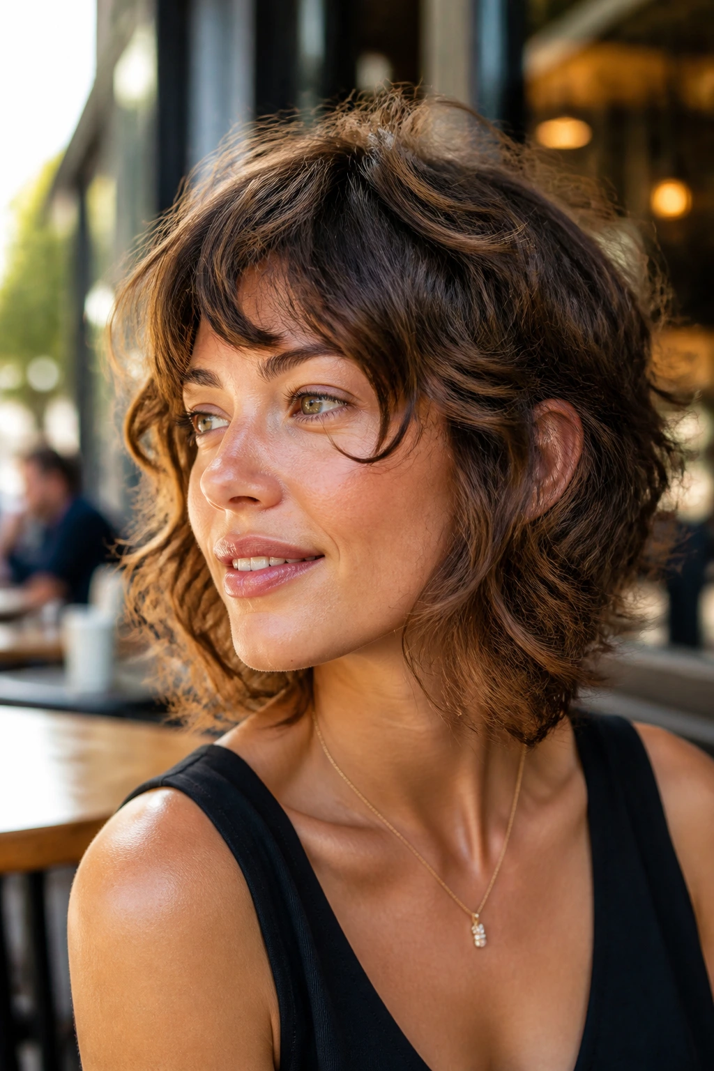 Close-up portrait of a real person with a soft mullet bob and loose curls, in an outdoor cafe setting.
