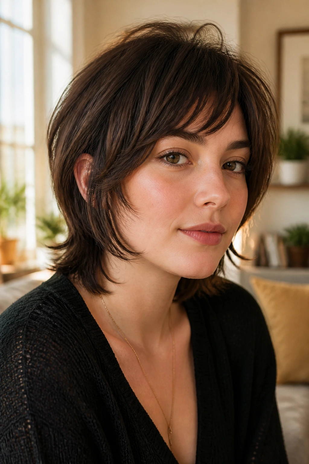 Close-up portrait of a woman with a soft mullet bob, face-framing front and longer back