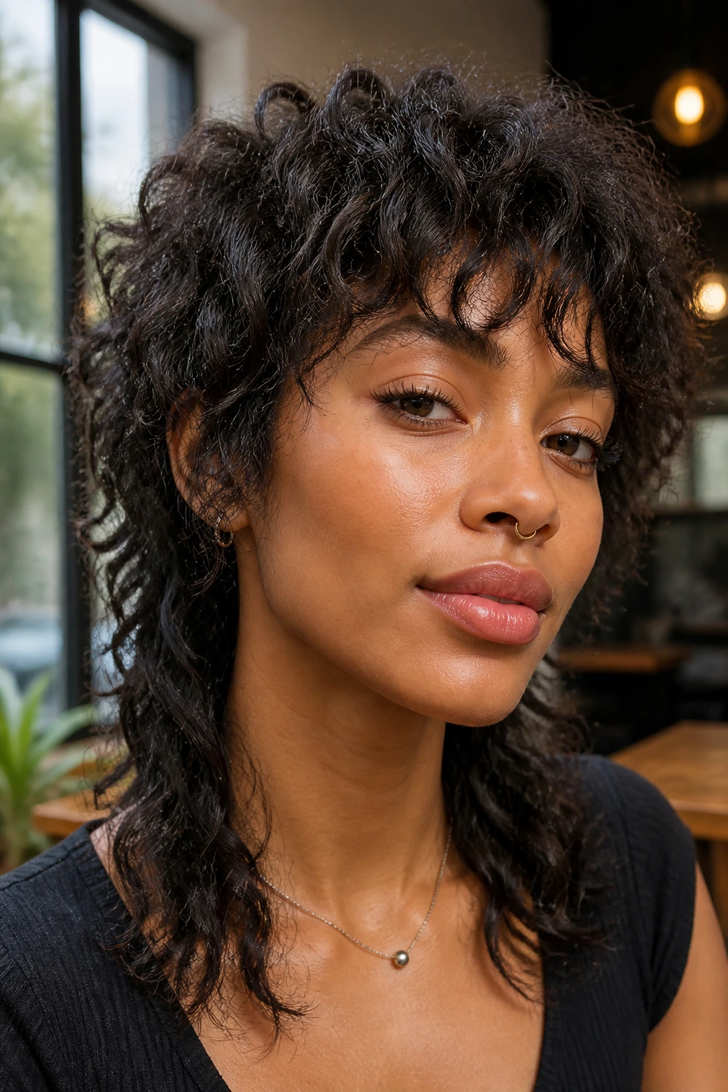 Close-up of a real person with a soft mullet and textured choppy bangs in daylight