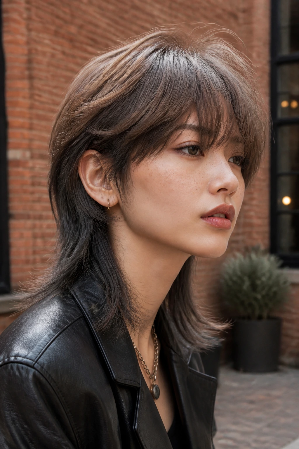 Close-up of real person with soft mullet showing cocoa and slate contrast