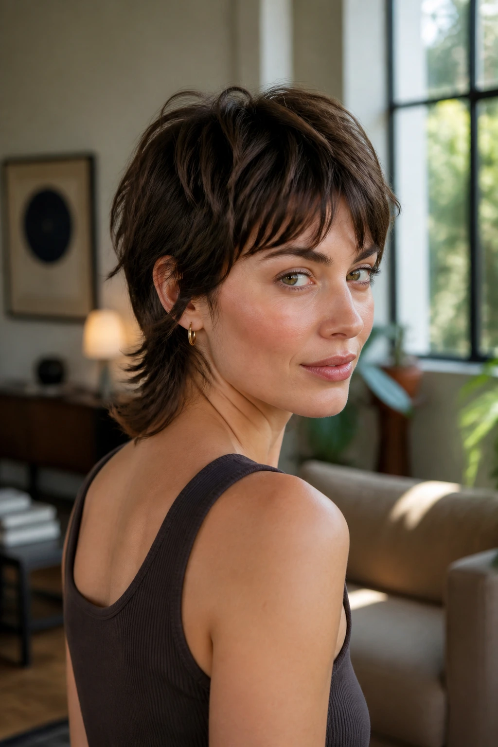 Close-up of Soft Mullet Crop hairstyle on real person with natural lighting