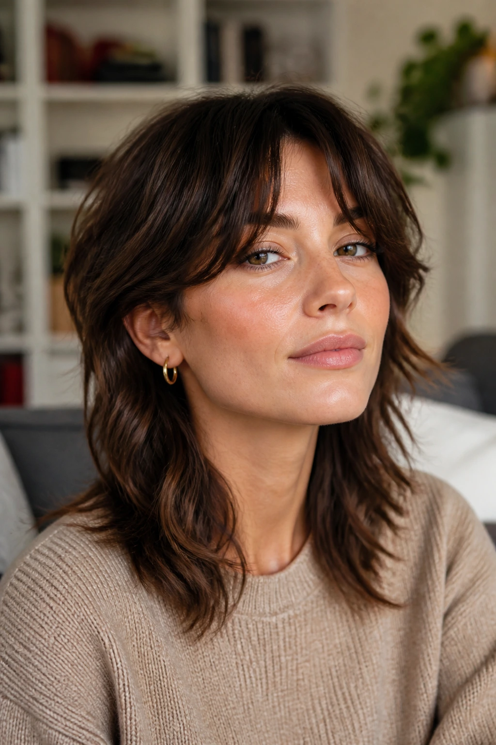 Medium close-up of a real woman with soft mullet and curtain bangs