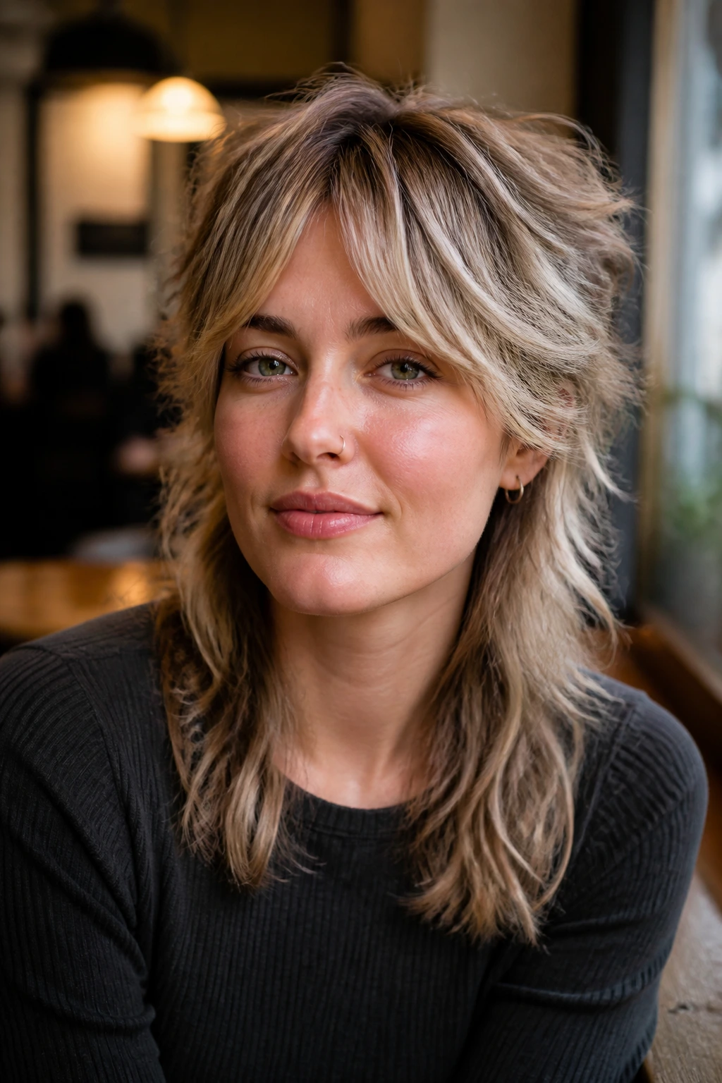 Portrait of a real woman with a soft mullet and curtain fringe in a sunlit cafe setting.