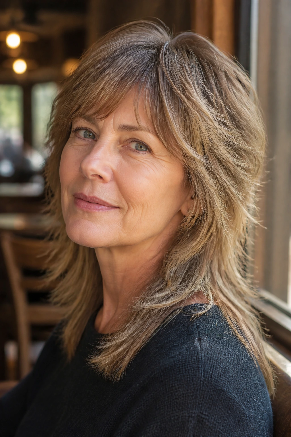 Close-up portrait of a real woman with soft mullet-edge shag in a cozy cafe setting