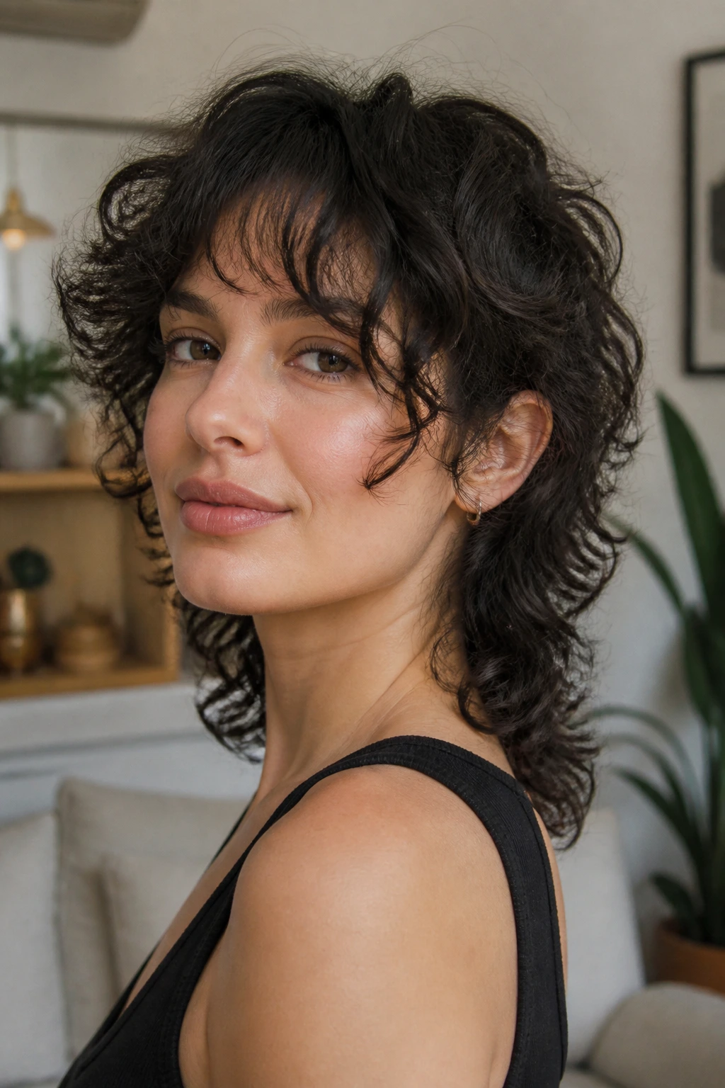 Close-up portrait of a real woman with soft mullet and face-framing pieces