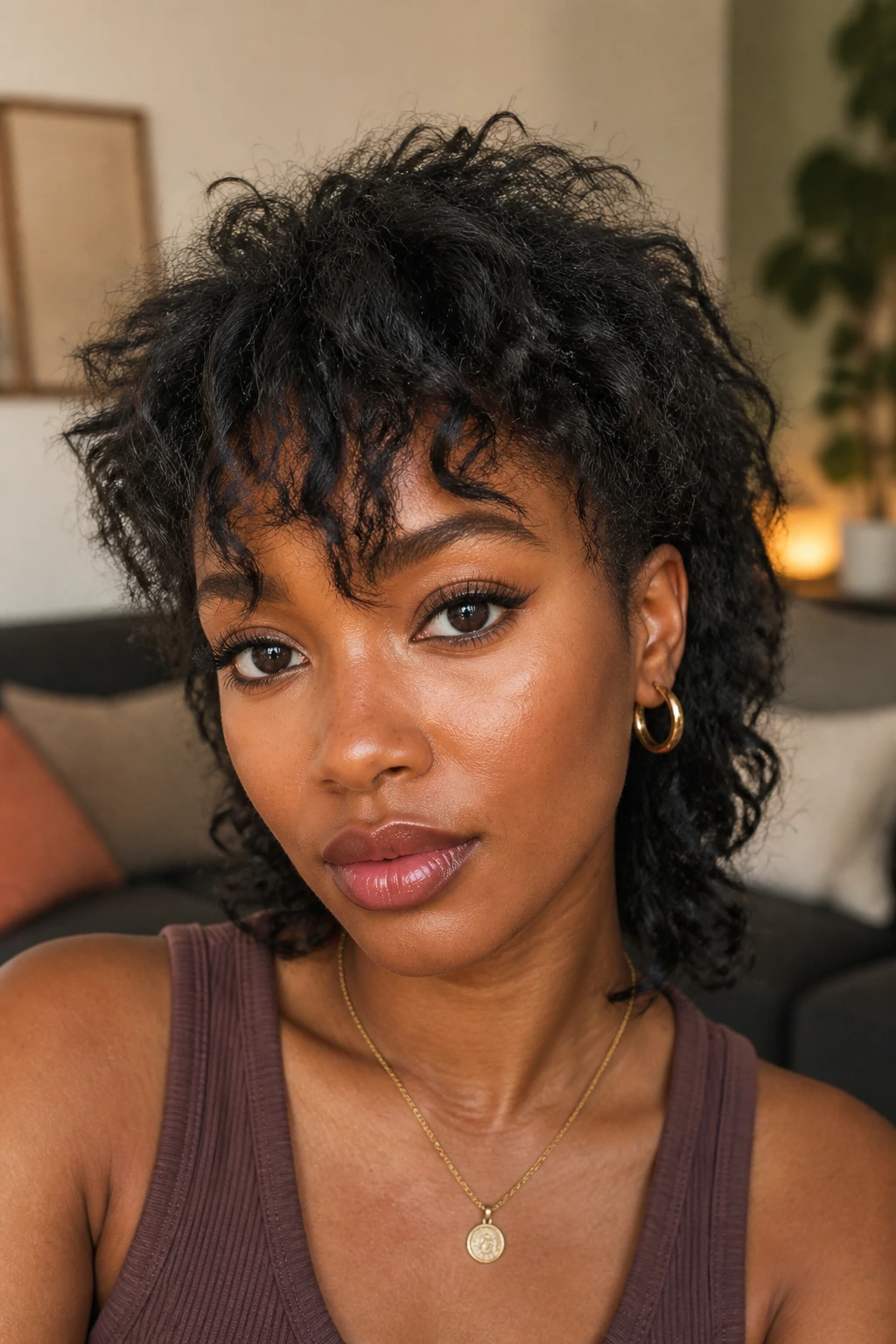 Close up of a real Black woman with a soft mullet and choppy forelock