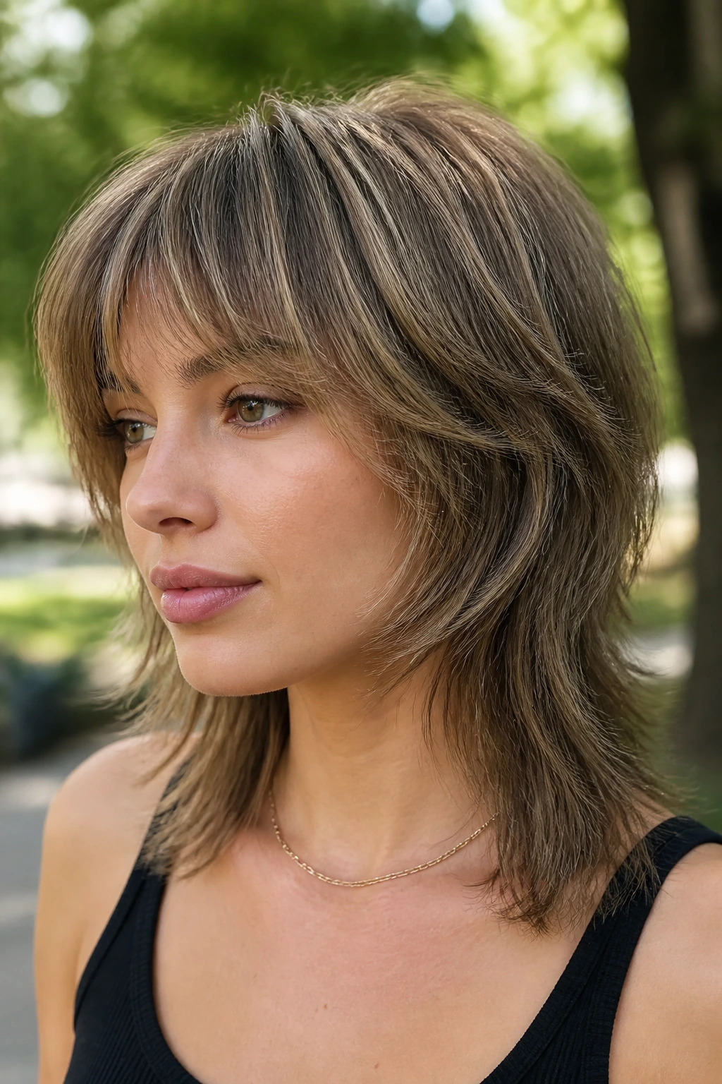 Portrait of a real person with soft mullet, airy fringe, and crown highlights in outdoor light.