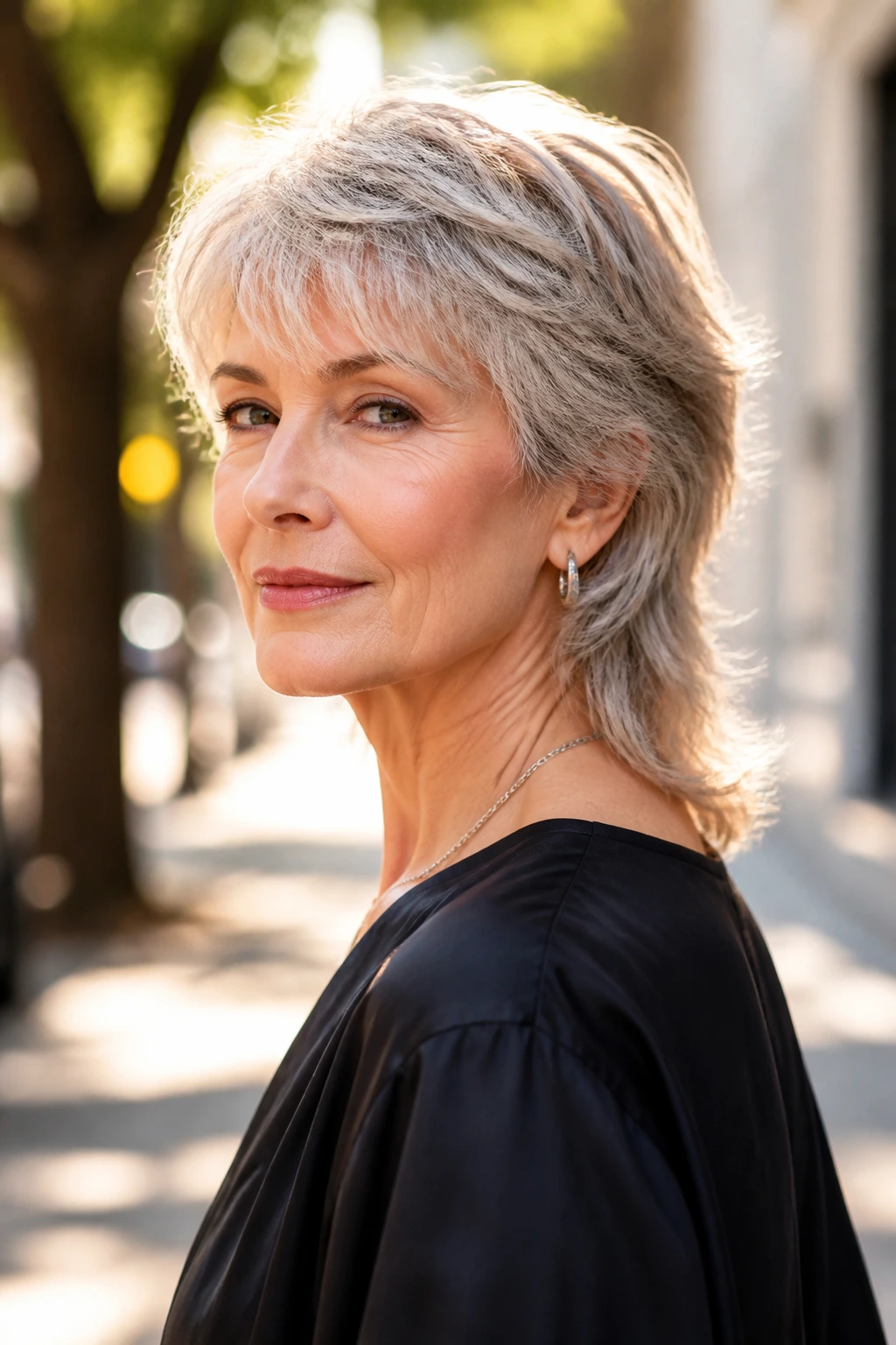 Three-quarter portrait of a real woman with a soft mullet and gentle layers outdoors.
