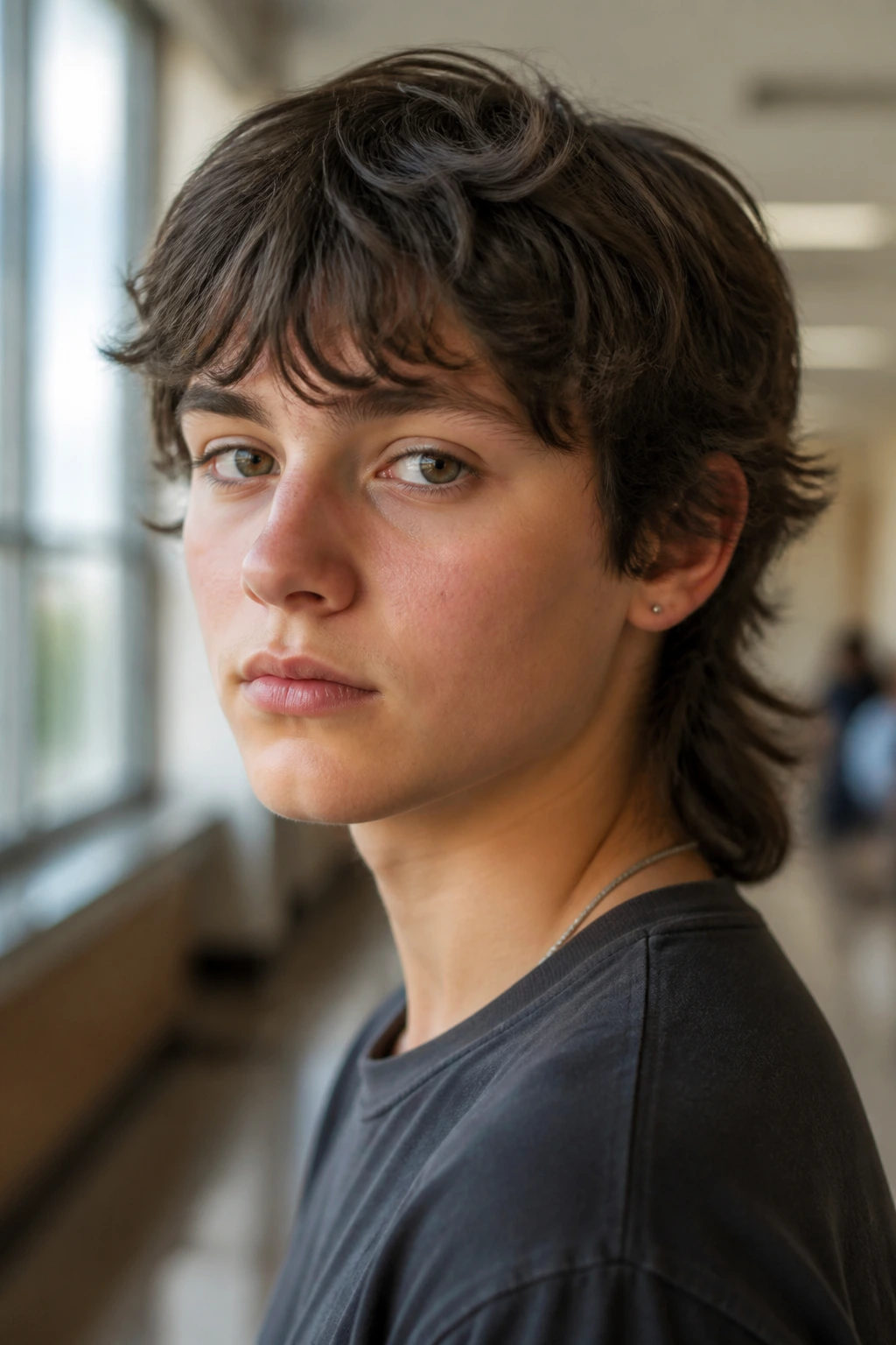 Close-up portrait of a real person with a soft mullet and front fringe in a classroom setting