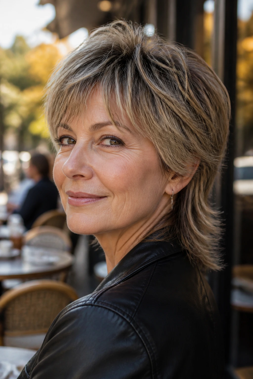 Close-up portrait of a real woman with a soft mullet hairstyle in outdoor cafe light