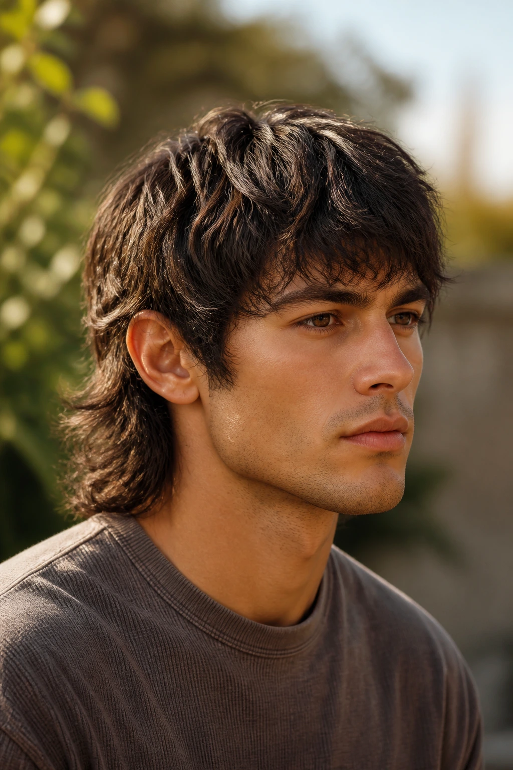 Close-up of real person with soft mullet and feathered sides in natural light